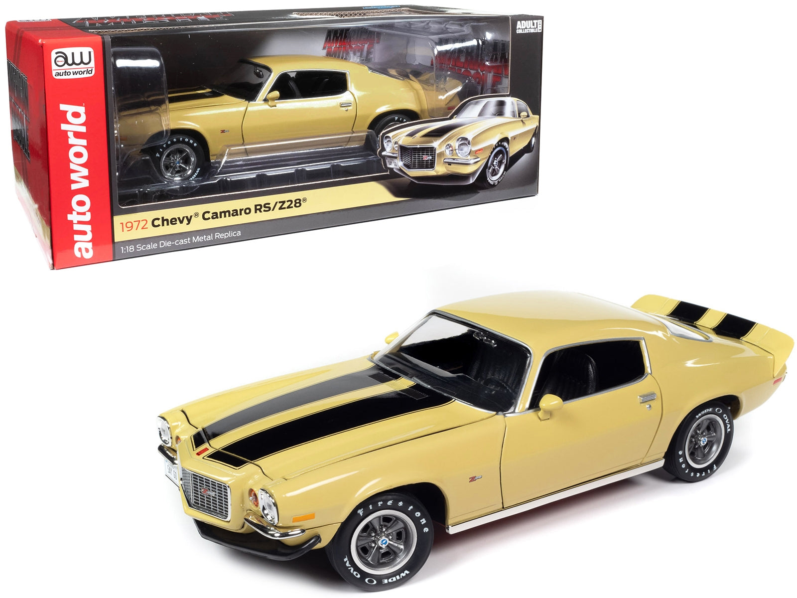 1972 Chevrolet Camaro RS Z28 Cream Yellow with Black Stripes "American Muscle" Series 1/18 Diecast Model Car by Auto World