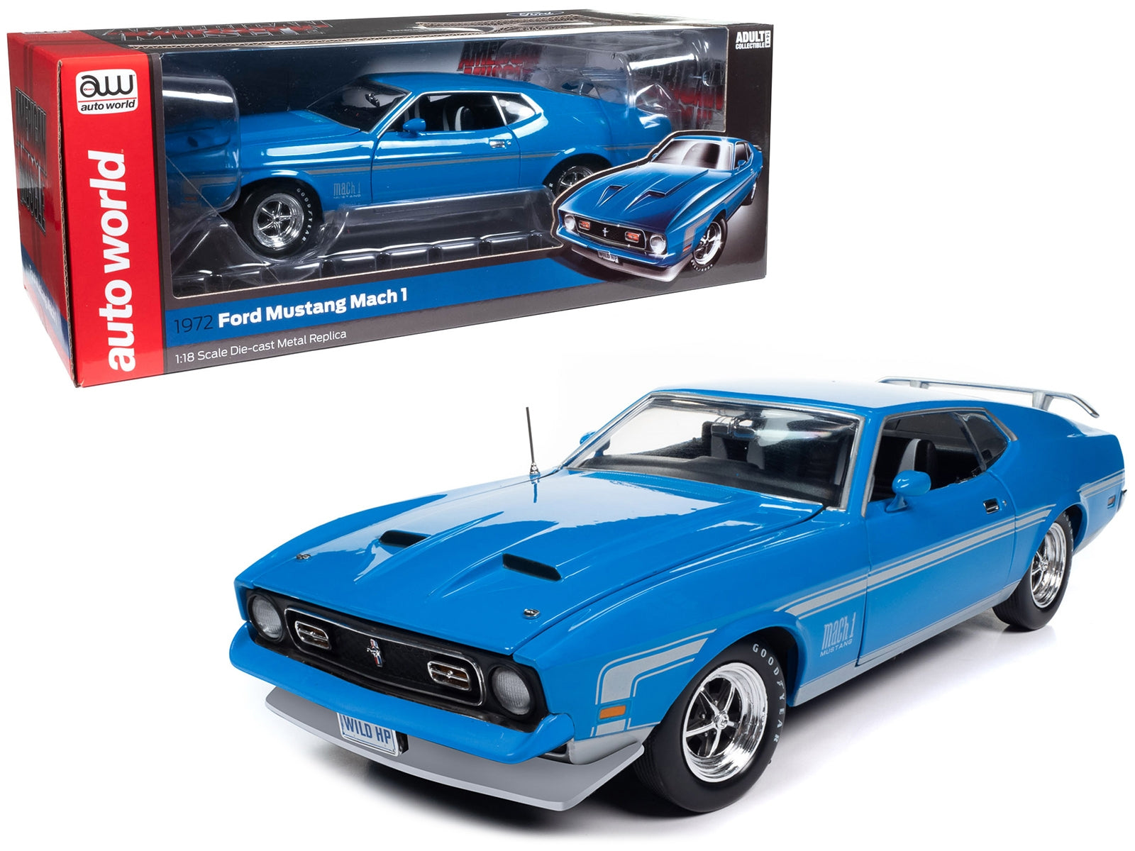 1972 Ford Mustang Mach 1 Grabber Blue with Silver Stripes - Premium Mustang Models from Autoworld - Just $120.89! Shop now at Rapidvehicles