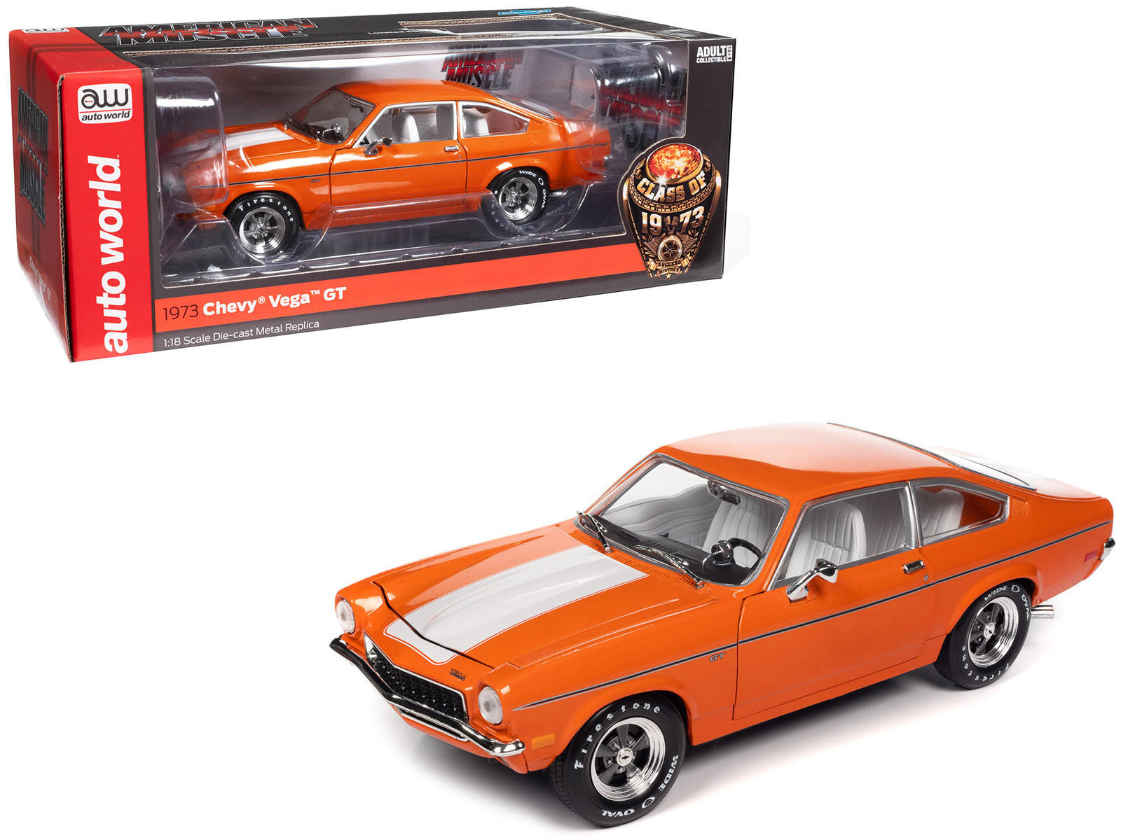 1973 Chevrolet Vega GT Bright Orange with White Stripes and Interior "Class of 1973" "American Muscle" Series 1/18 Diecast Model Car by Auto World - Premium Chevrolet Models from Autoworld - Just $120.99! Shop now at Rapidvehicles