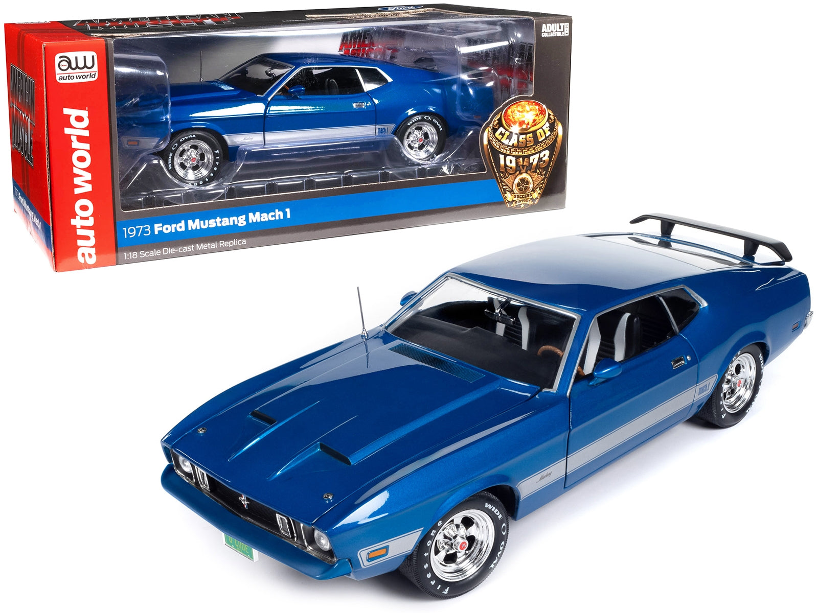 1973 Ford Mustang Mach 1 3K Blue Glow Metallic with Silver Stripes "Class of 1973" "American Muscle" Series 1/18 Diecast Model Car by Auto World - Premium Mustang Models from Autoworld - Just $124.99! Shop now at Rapidvehicles