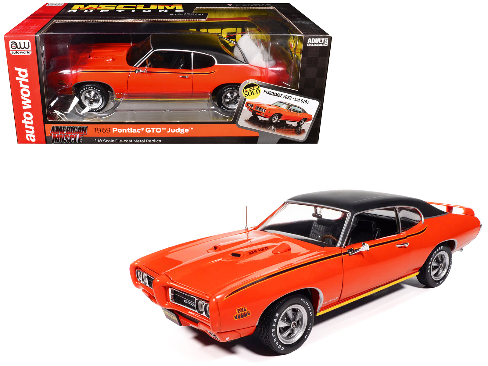 1969 Pontiac GTO Judge Carousel Red with Black Stripes and Black Vinyl Top "Mecum Auctions" "American Muscle" Series 1/18 Diecast Model Car by Auto World free shipping USA