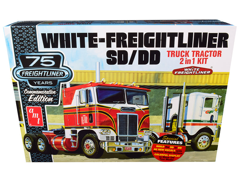 Skill 3 Model Kit White Freightliner SD/DD Truck Tractor 2-in-1 Kit with Display Base "75th Freightliner Anniversary" Commemorative Edition 1/25 Scale Model by AMT free shipping USA