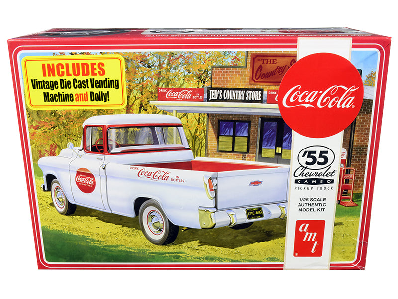 Skill 3 Model Kit 1955 Chevrolet Cameo Pickup Truck "Coca-Cola" with Vintage Vending Machine and Dolly 1/25 Scale Model by AMT free shipping USA