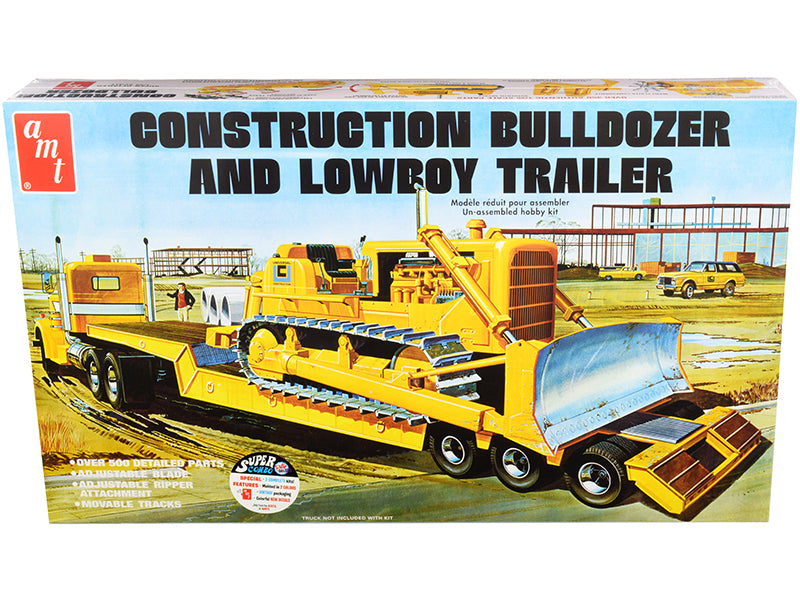 Skill 3 Model Kit Construction Bulldozer and Lowboy Trailer Set of 2 pieces 1/25 Scale Model by AMT free shipping USA