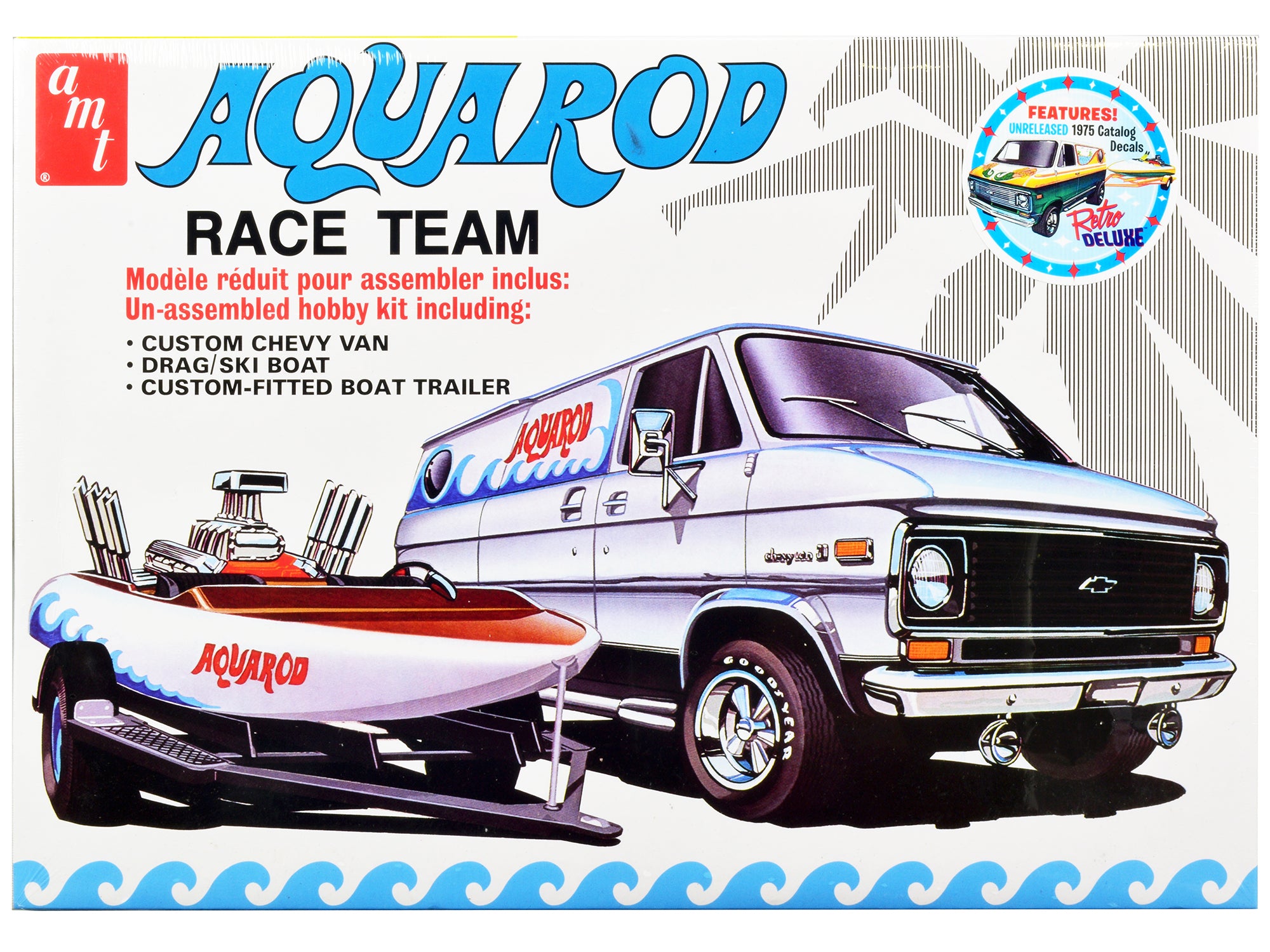 Skill 2 Model Kit Chevrolet Custom Van with Drag/Ski Boat and Trailer "Aqua Rod Race Team" 1/25 Scale Model by AMT free shipping USA