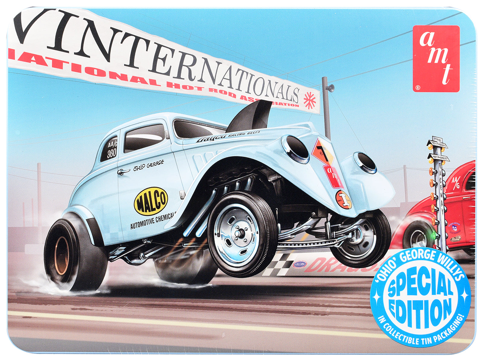 Skill 2 Model Kit 1933 Willys Gasser "Ohio George" with Collectible Tin Packaging 1/25 Scale Model by AMT free shipping USA
