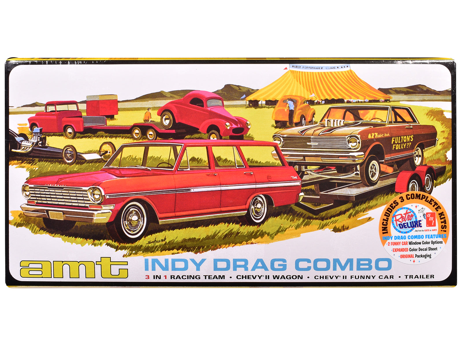 Skill 2 Model Kit Indy Drag Combo Chevrolet II Wagon and Funny Car with Trailer 3 in 1 Set 1/25 Scale Model by AMT free shipping USA