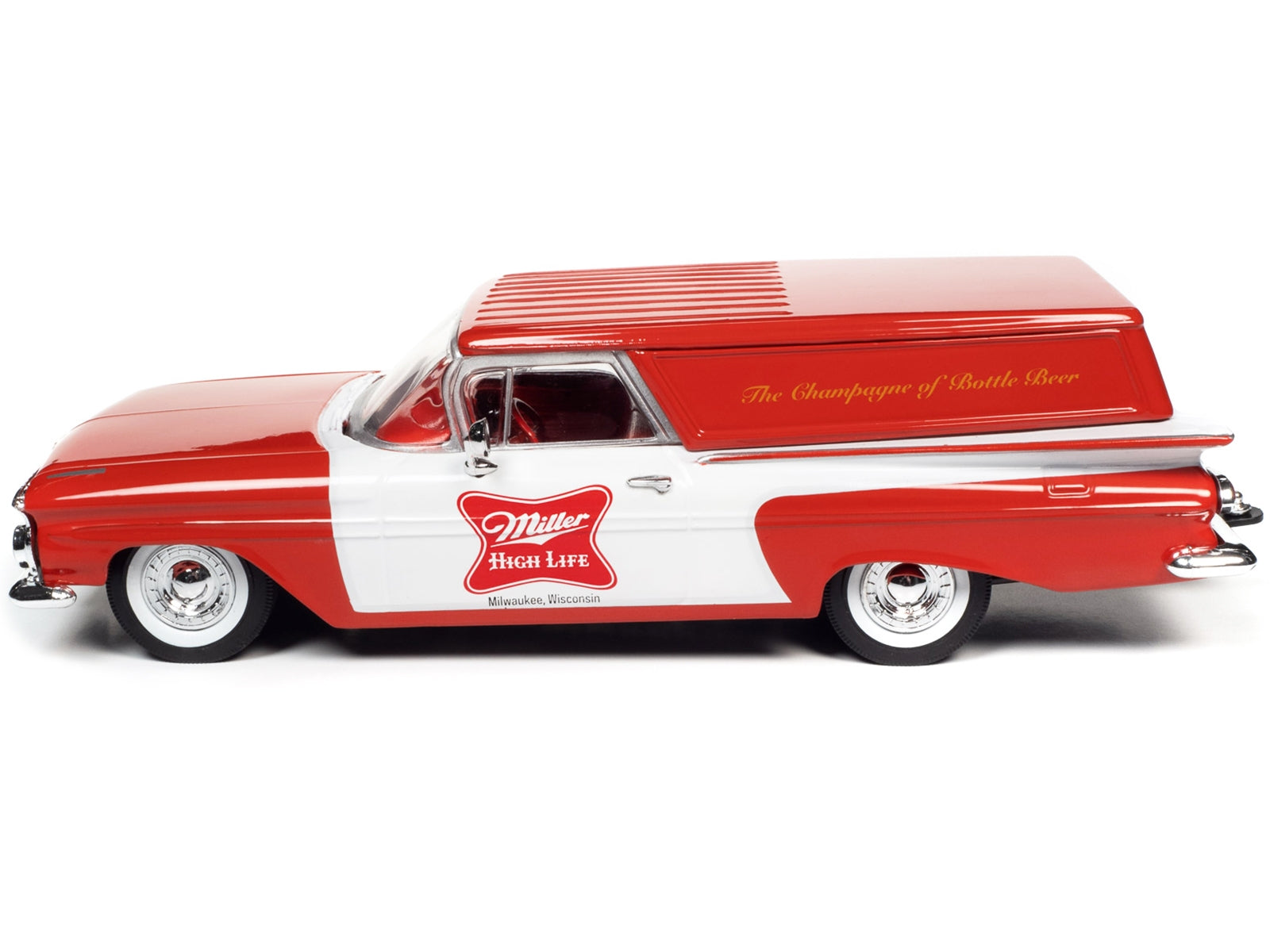 1959 Chevrolet Sedan Delivery Car Red and White "Miller High Life: The Champagne of Beers" 1/24 Diecast Model Car by Auto World - Premium Chevrolet Models from Autoworld - Just $87.31! Shop now at Rapidvehicles