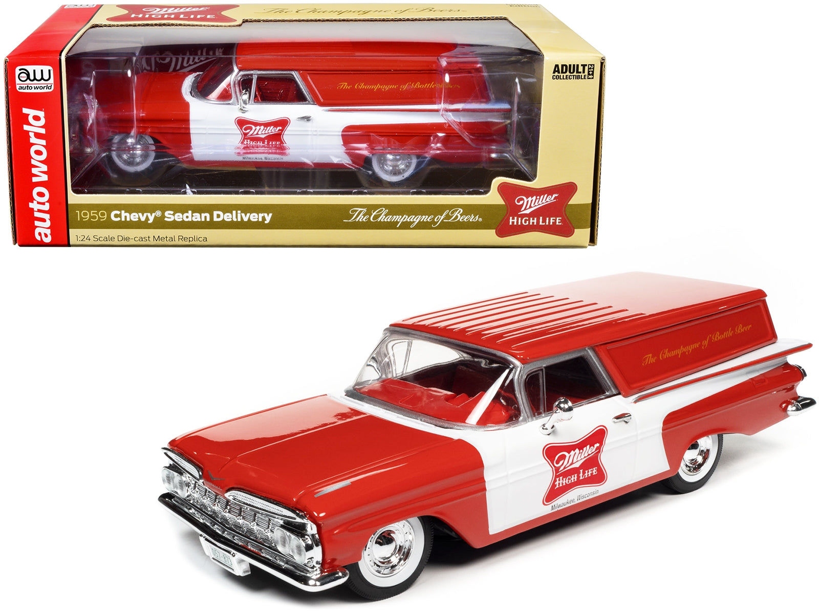 1959 Chevrolet Sedan Delivery Car Red and White "Miller High Life: The Champagne of Beers" 1/24 Diecast Model Car by Auto World - Premium Chevrolet Models from Autoworld - Just $87.31! Shop now at Rapidvehicles