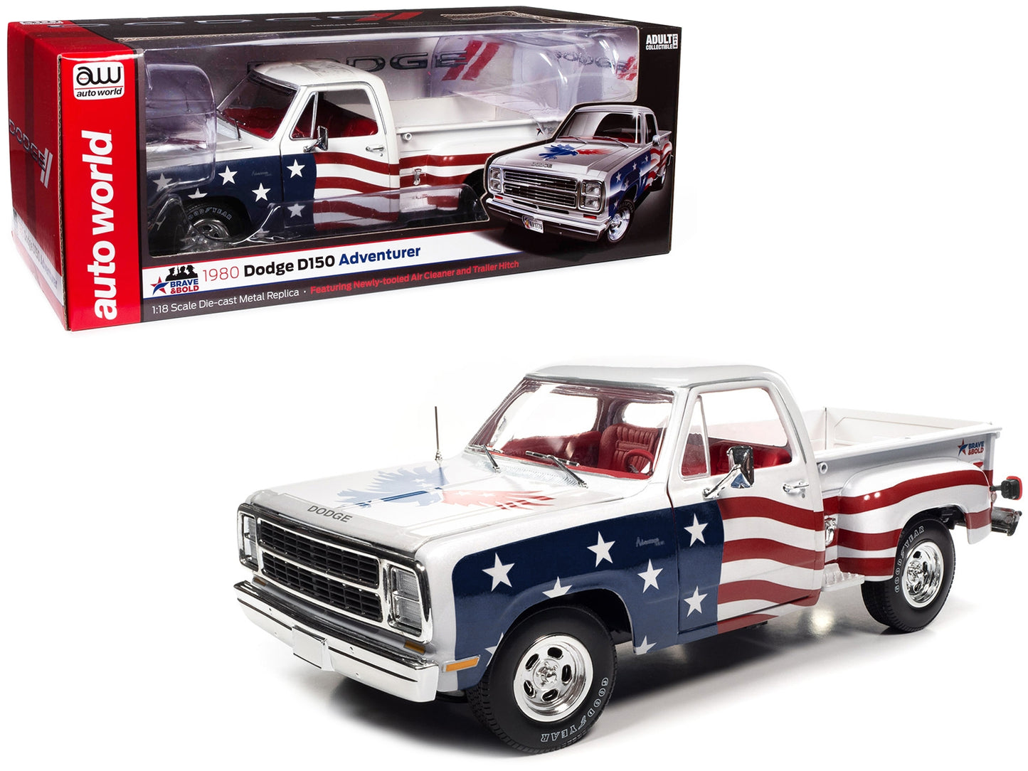 1980 Dodge D150 Adventurer Pickup Truck White with American Flag