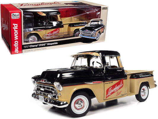1957 Chevrolet 3100 Stepside Pickup Truck Black and Tan with Graphics "Leinenkugle's Beer The Pride of Chippewa Falls" 1/18 Diecast Model by Auto World free shipping USA