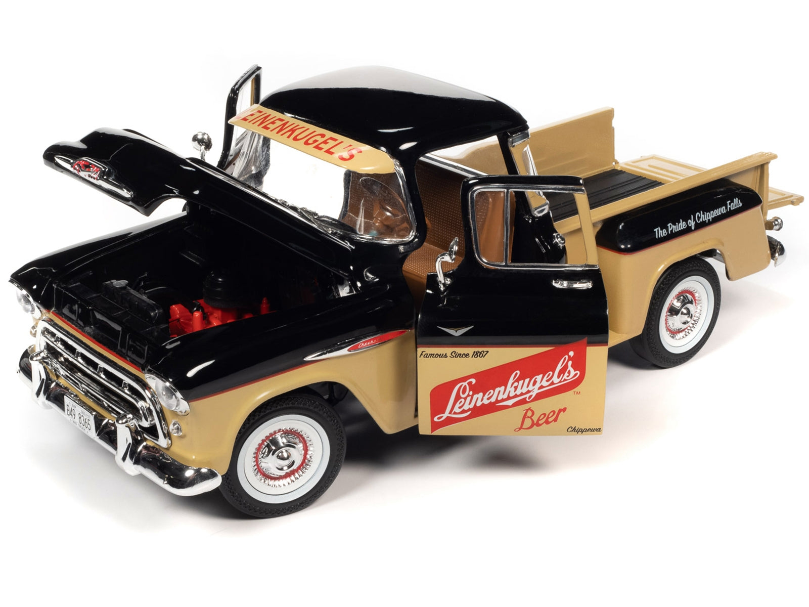 1957 Chevrolet 3100 Stepside Pickup Truck Black and Tan with Graphics "Leinenkugle's Beer The Pride of Chippewa Falls" 1/18 Diecast Model by Auto World - Premium Pickup Trucks Models from Autoworld - Just $120.89! Shop now at Rapidvehicles