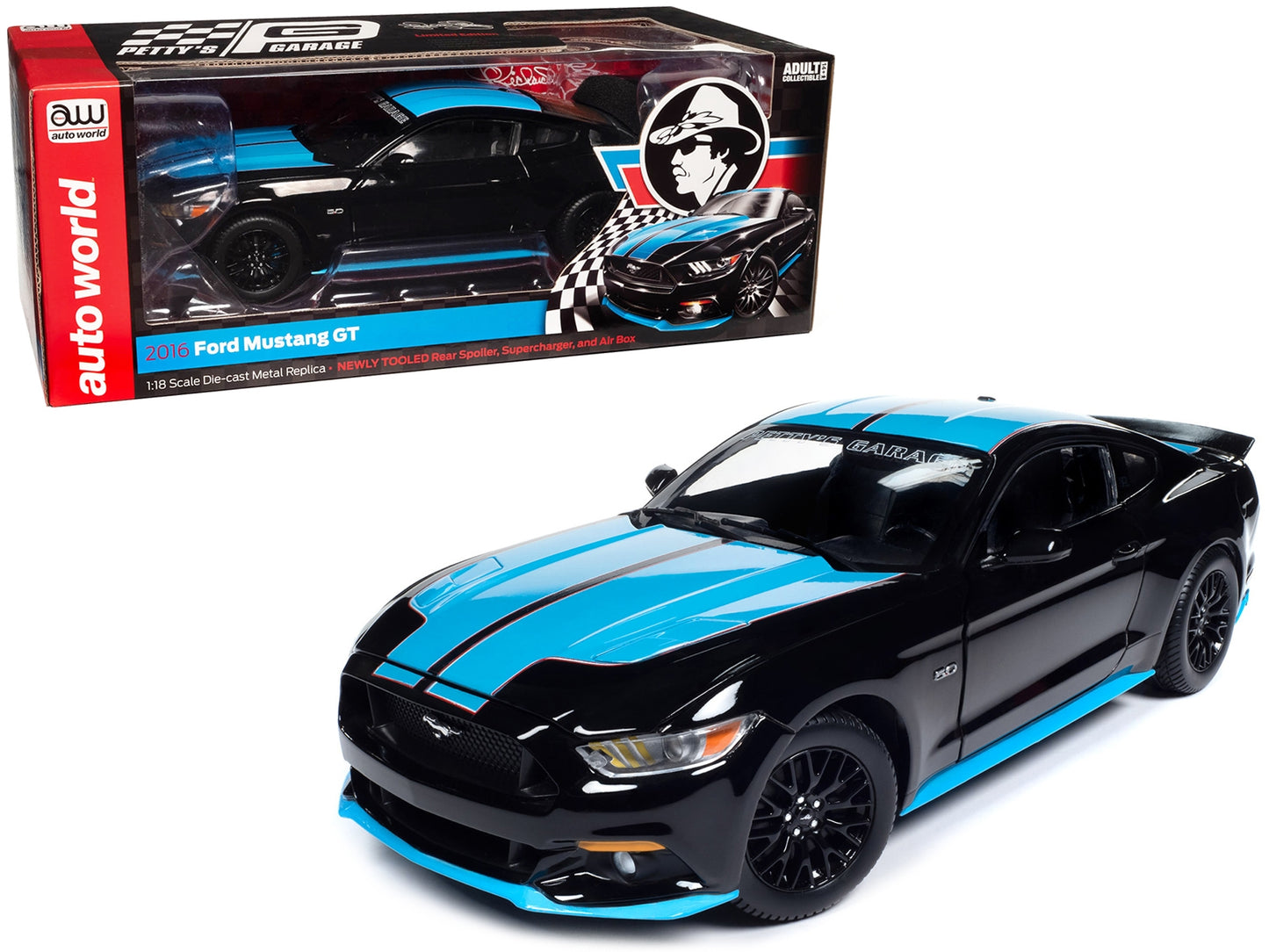 2015 Ford Mustang GT 5.0 Black with Petty Blue Stripes "Petty's