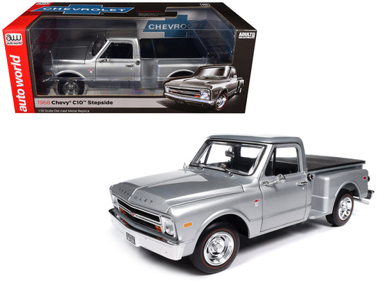 1968 Chevrolet C10 Stepside Pickup Truck Silver Metallic 1/18 Diecast Model Car by Auto World
