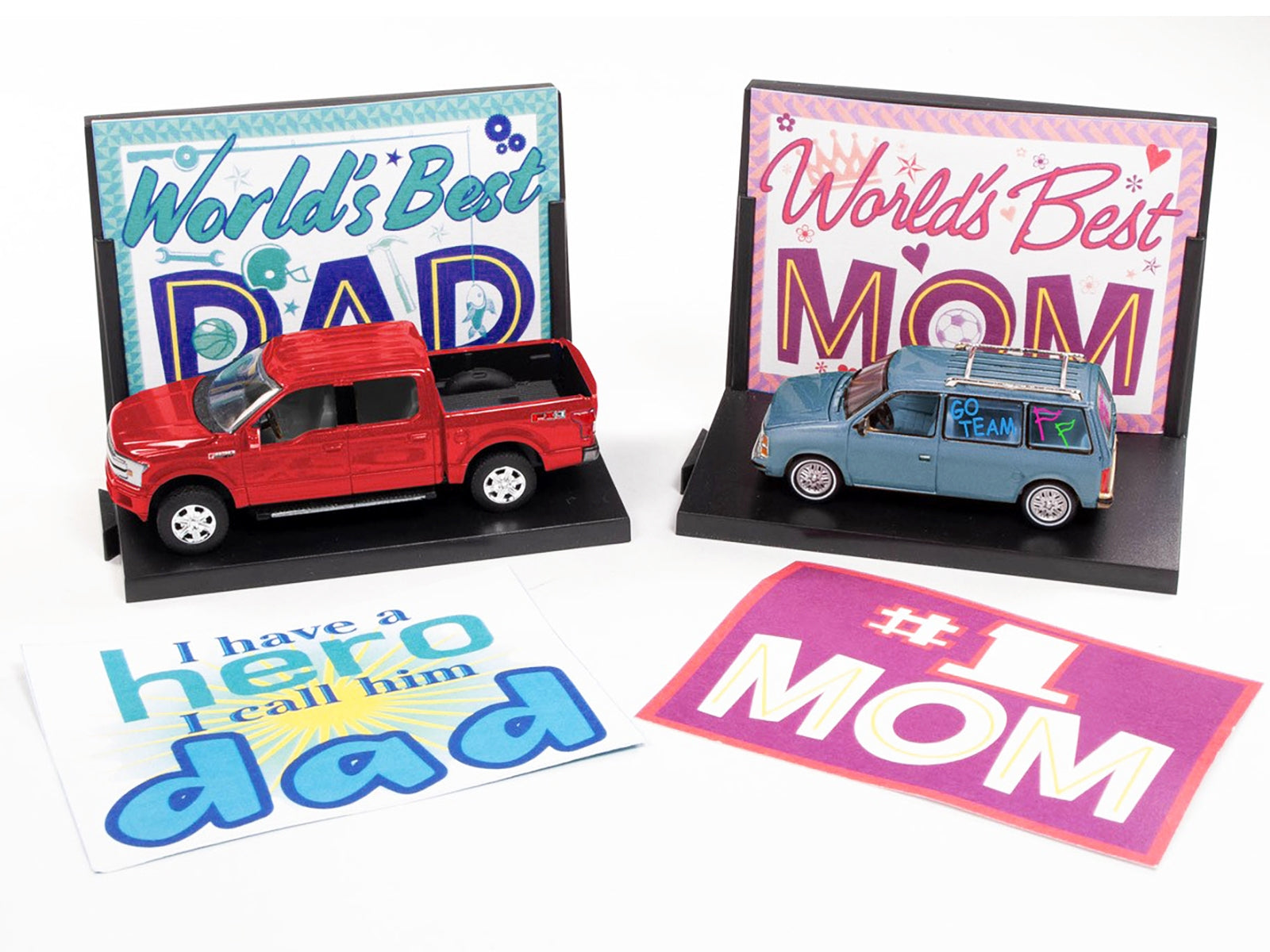 2018 Ford F-150 Pickup Truck Red and 1984 Dodge Caravan Minivan Blue Metallic "World's Best Mom and Dad" Set of 2 Pieces 1/64 Diecast Model Cars by Auto World - Premium Ford Models from Autoworld - Just $29.99! Shop now at Rapidvehicles