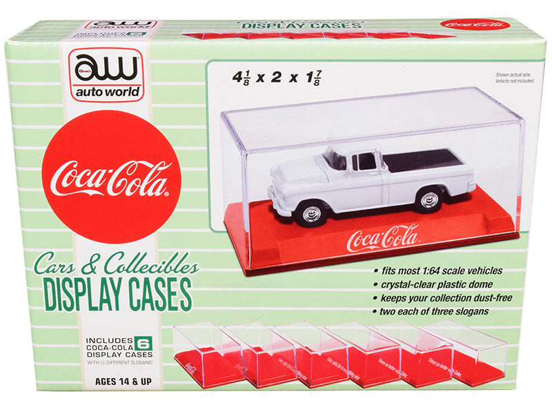 6 Collectible Acrylic Display Show Cases with Red Plastic Bases with 3 Different Slogans "Coca-Cola" for 1/64 Scale Model Cars by Auto World free shipping USA