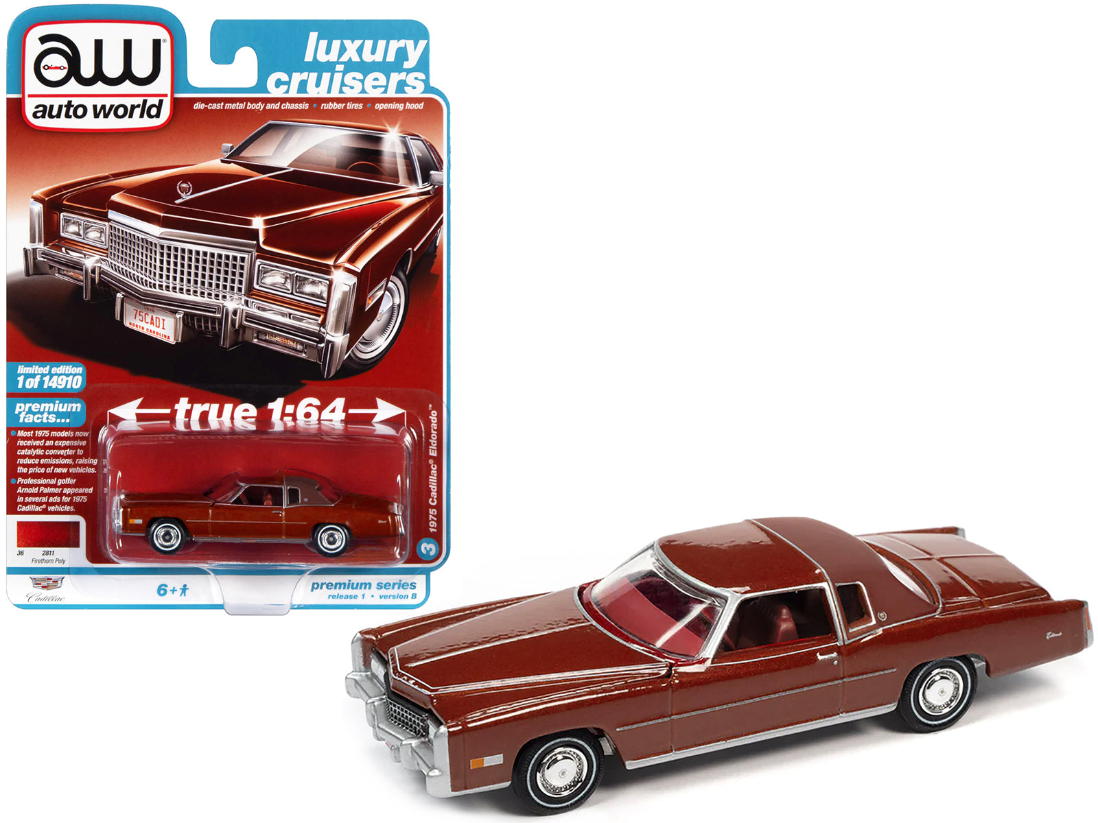 1975 Cadillac Eldorado Firethorn Red Metallic with Rear Section of Roof Matt Dark Red "Luxury Cruisers" Limited Edition to 14910 pieces Worldwide 1/64 Diecast Model Car by Auto World free shipping USA