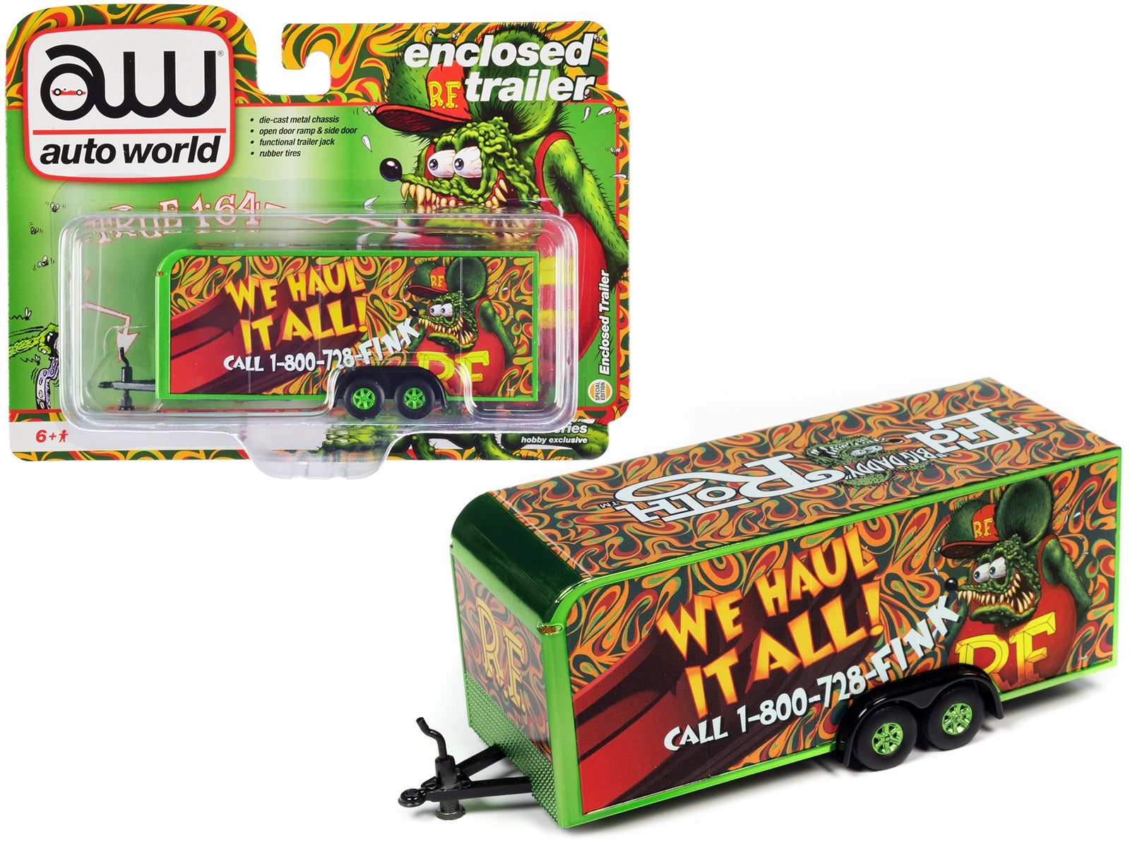 4-Wheel Enclosed Car Trailer Green with Graphics "Rat Fink: We Haul it All!" 1/64 Diecast Model by Auto World - Premium Accessories from Autoworld - Just $25.07! Shop now at Rapidvehicles