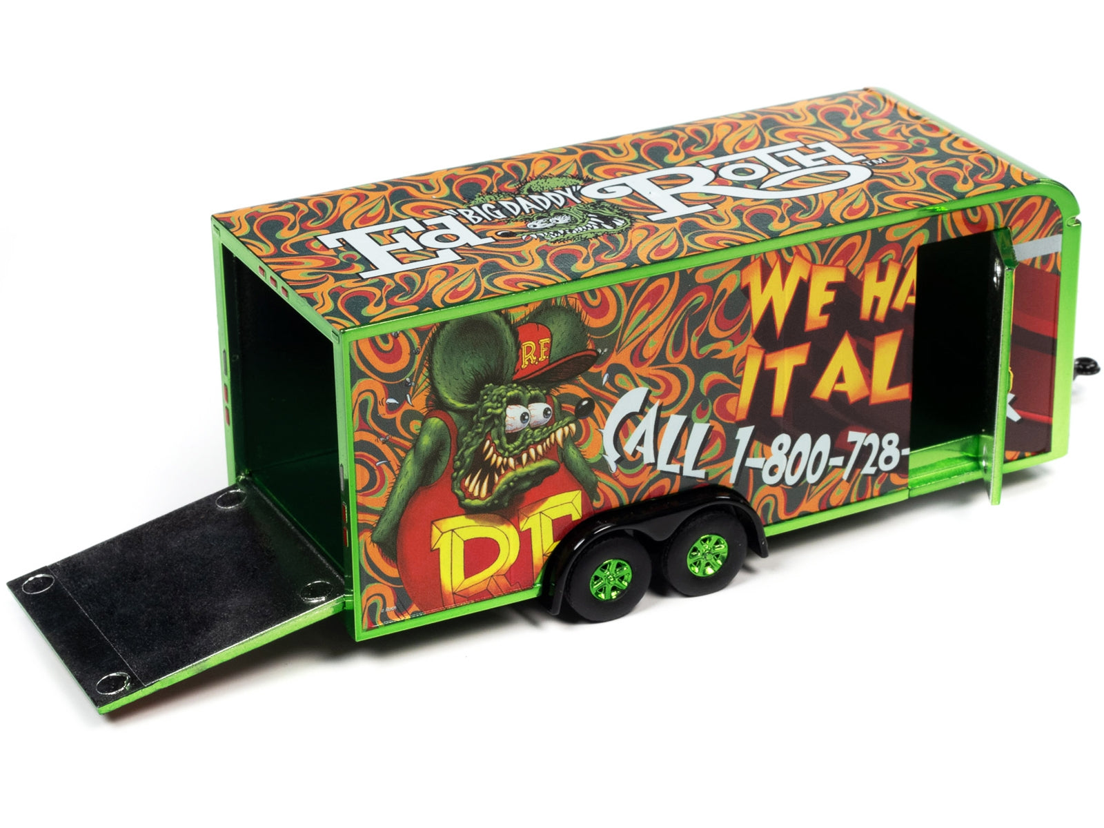 4-Wheel Enclosed Car Trailer Green with Graphics "Rat Fink: We Haul it All!" 1/64 Diecast Model by Auto World - Premium Accessories from Autoworld - Just $25.07! Shop now at Rapidvehicles