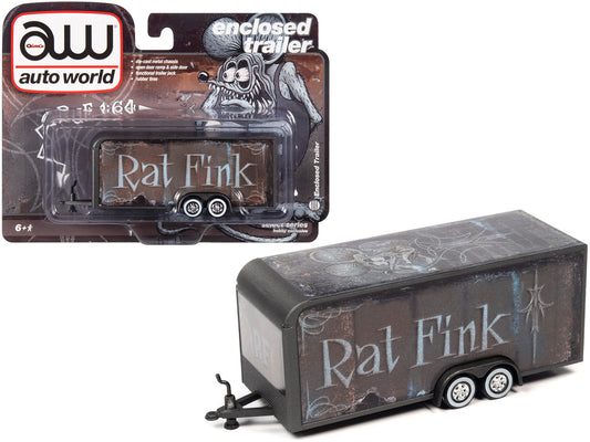 4-Wheel Enclosed Car Trailer Dark Gray with Graphics "Rat Fink" 1/64 Diecast Model by Auto World free shipping USA