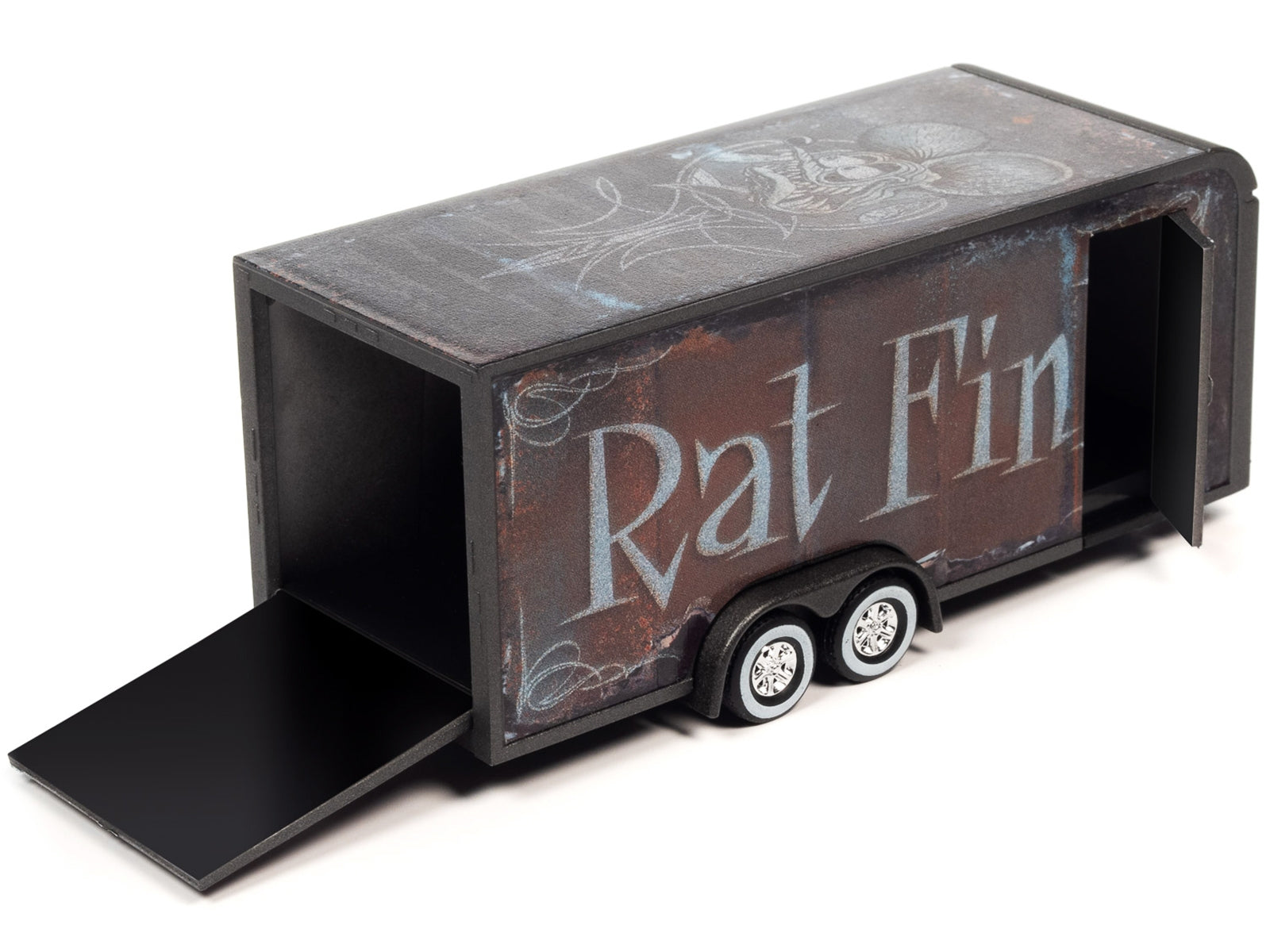 4-Wheel Enclosed Car Trailer Dark Gray with Graphics "Rat Fink" 1/64 Diecast Model by Auto World - Premium Accessories from Autoworld - Just $25.07! Shop now at Rapidvehicles