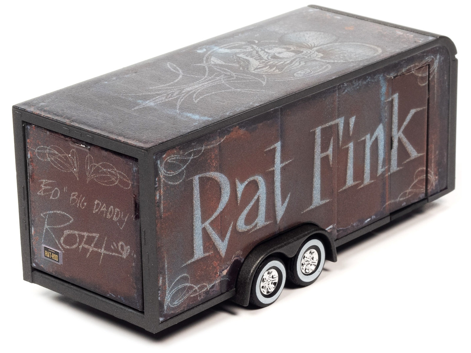 4-Wheel Enclosed Car Trailer Dark Gray with Graphics "Rat Fink" 1/64 Diecast Model by Auto World - Premium Accessories from Autoworld - Just $25.07! Shop now at Rapidvehicles