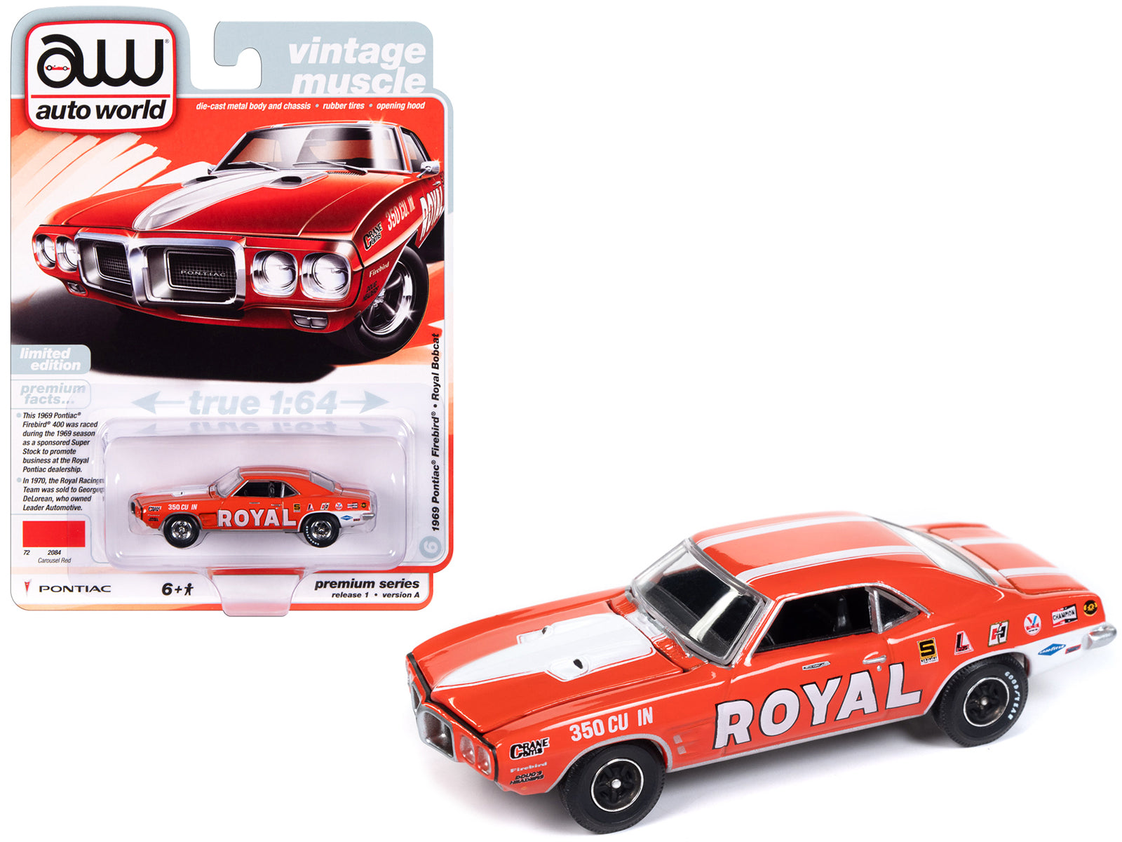1969 Pontiac Firebird Royal Bobcat Carousel Red with White Stripes and Graphics "Vintage Muscle" Limited Edition 1/64 Diecast Model Car by Auto World free shipping USA