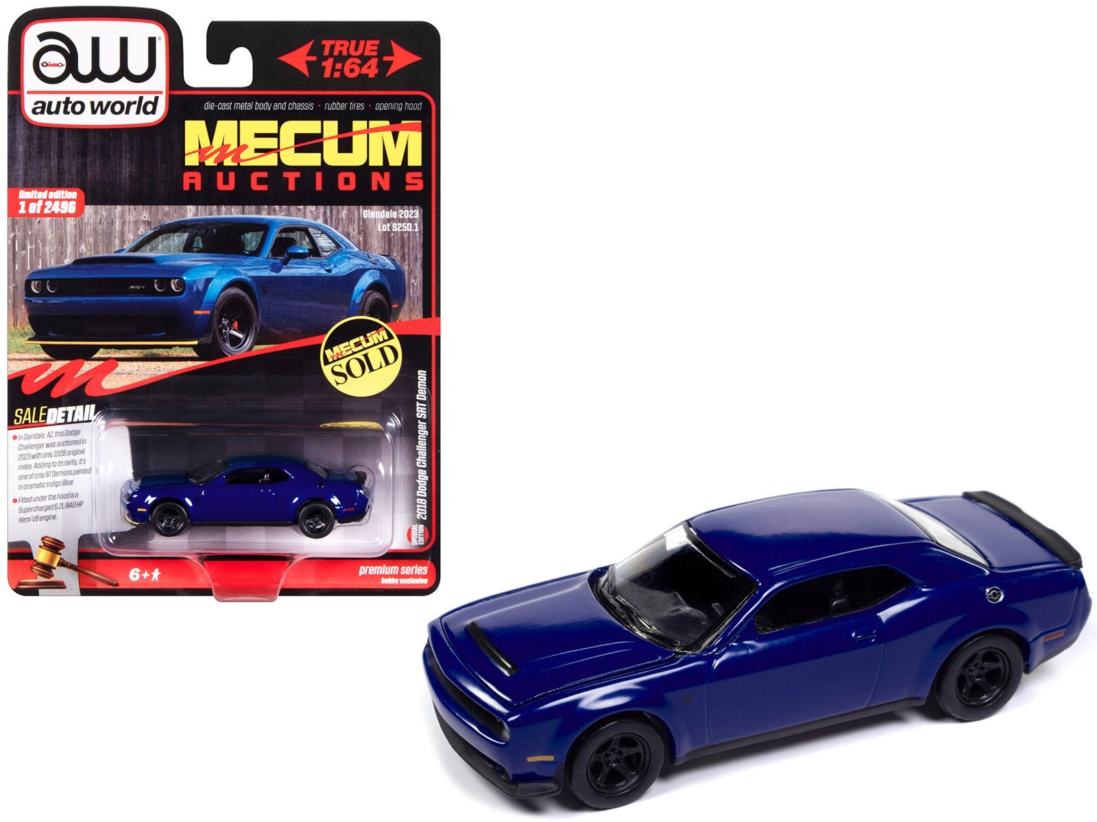 2018 Dodge Challenger SRT Demon Indigo Blue "Mecum Auctions" Limited Edition to 2496 pieces Worldwide "Premium" Series 1/64 Diecast Model Car by Auto World - Premium Dodge Models from Autoworld - Just $18.99! Shop now at Rapidvehicles