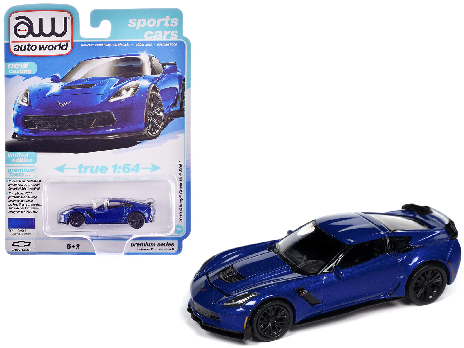 2019 Chevrolet Corvette Z06 Elkhart Lake Blue Metallic "Sports Cars" Series 1/64 Diecast Model Car by Auto World free shipping USA