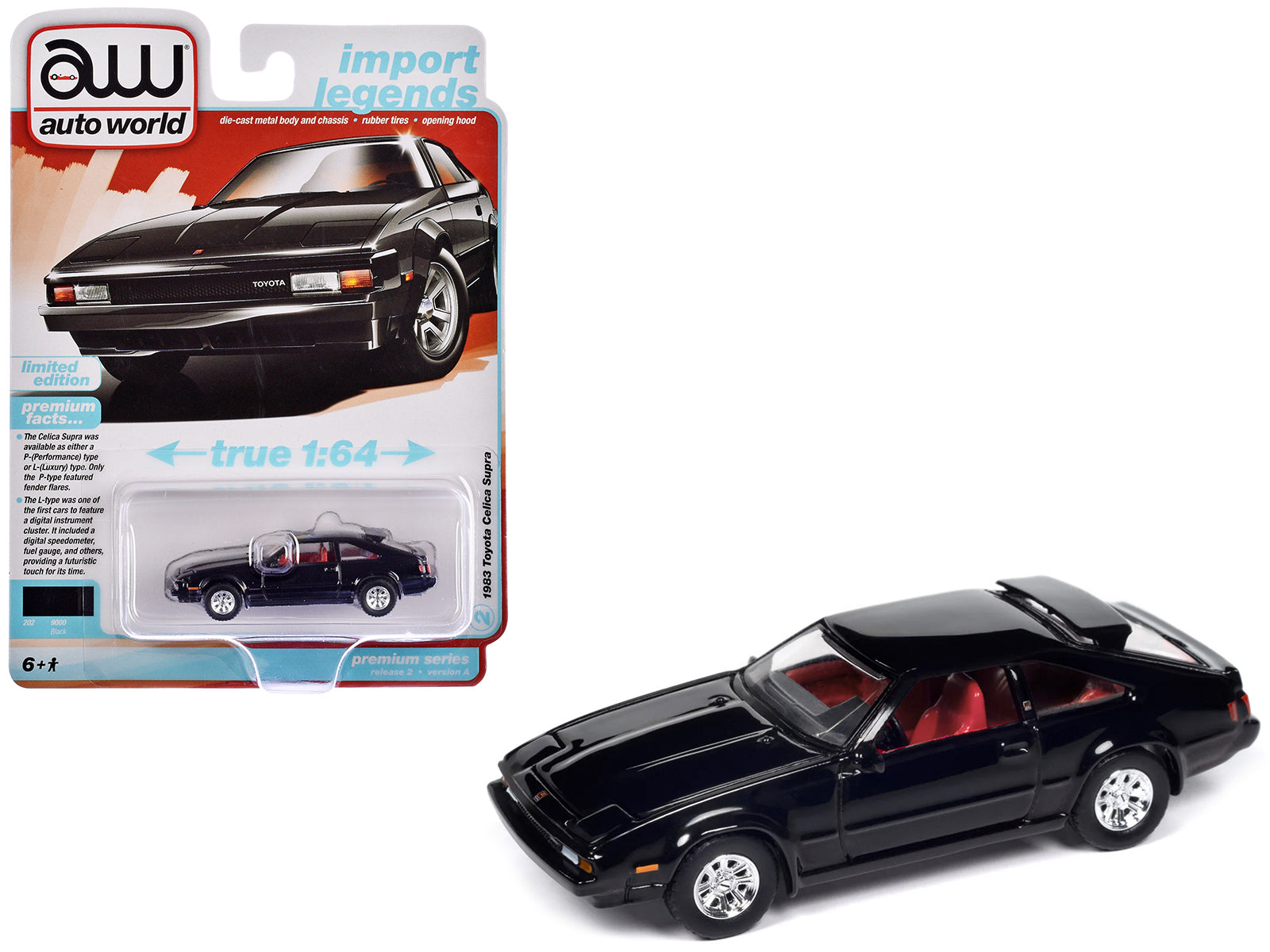 1983 Toyota Celica Supra Black with Red Interior "Import Legends" Series 1/64 Diecast Model Car by Auto World free shipping USA