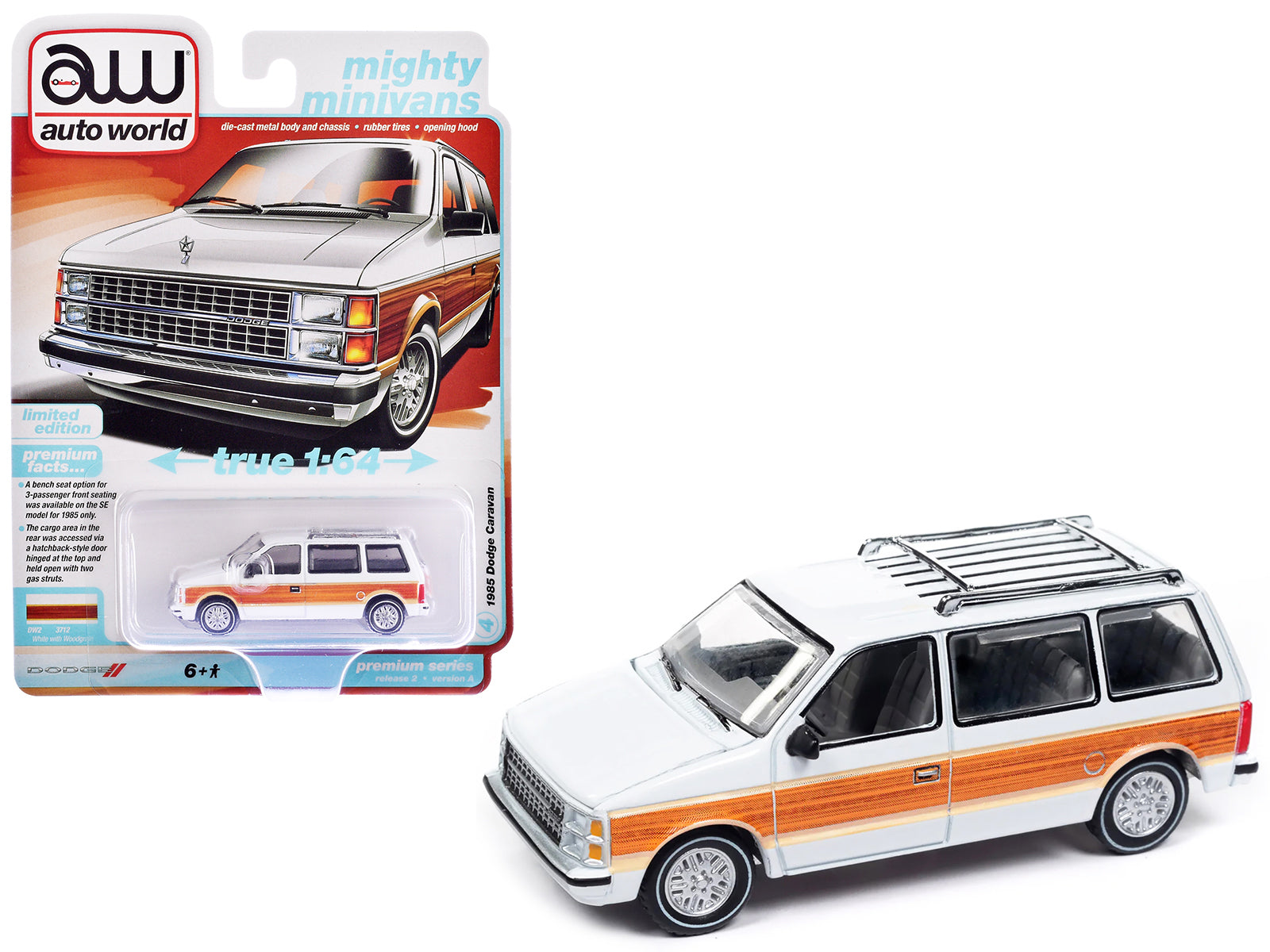 1985 Dodge Caravan Van White with Woodgrain Side Panels "Mighty Minivans" Series 1/64 Diecast Model Car by Auto World free shipping USA