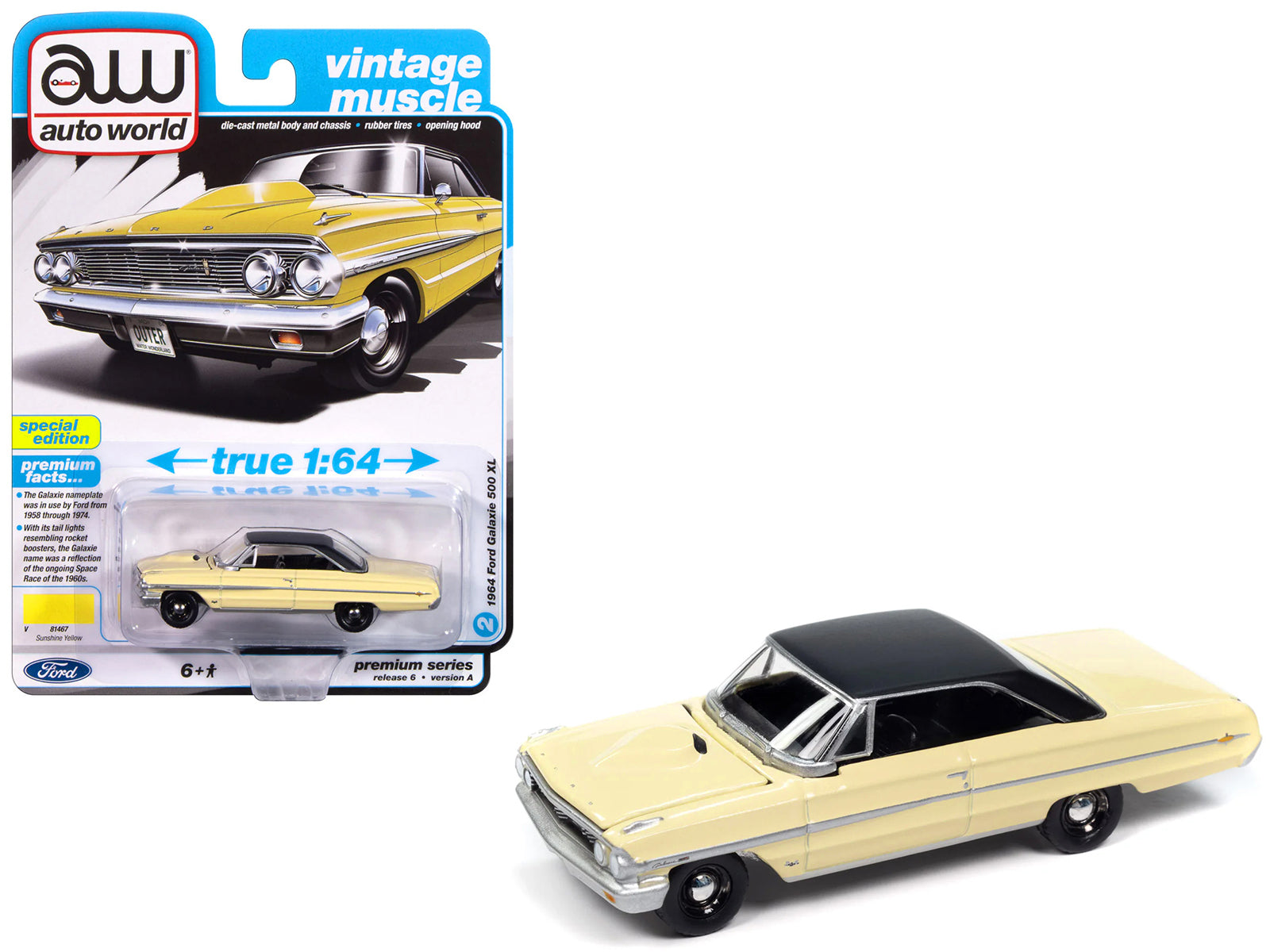 1964 Ford Galaxie 500 XL Sunshine Yellow with Black Top "Vintage Muscle" Series 1/64 Diecast Model Car by Auto World free shipping USA