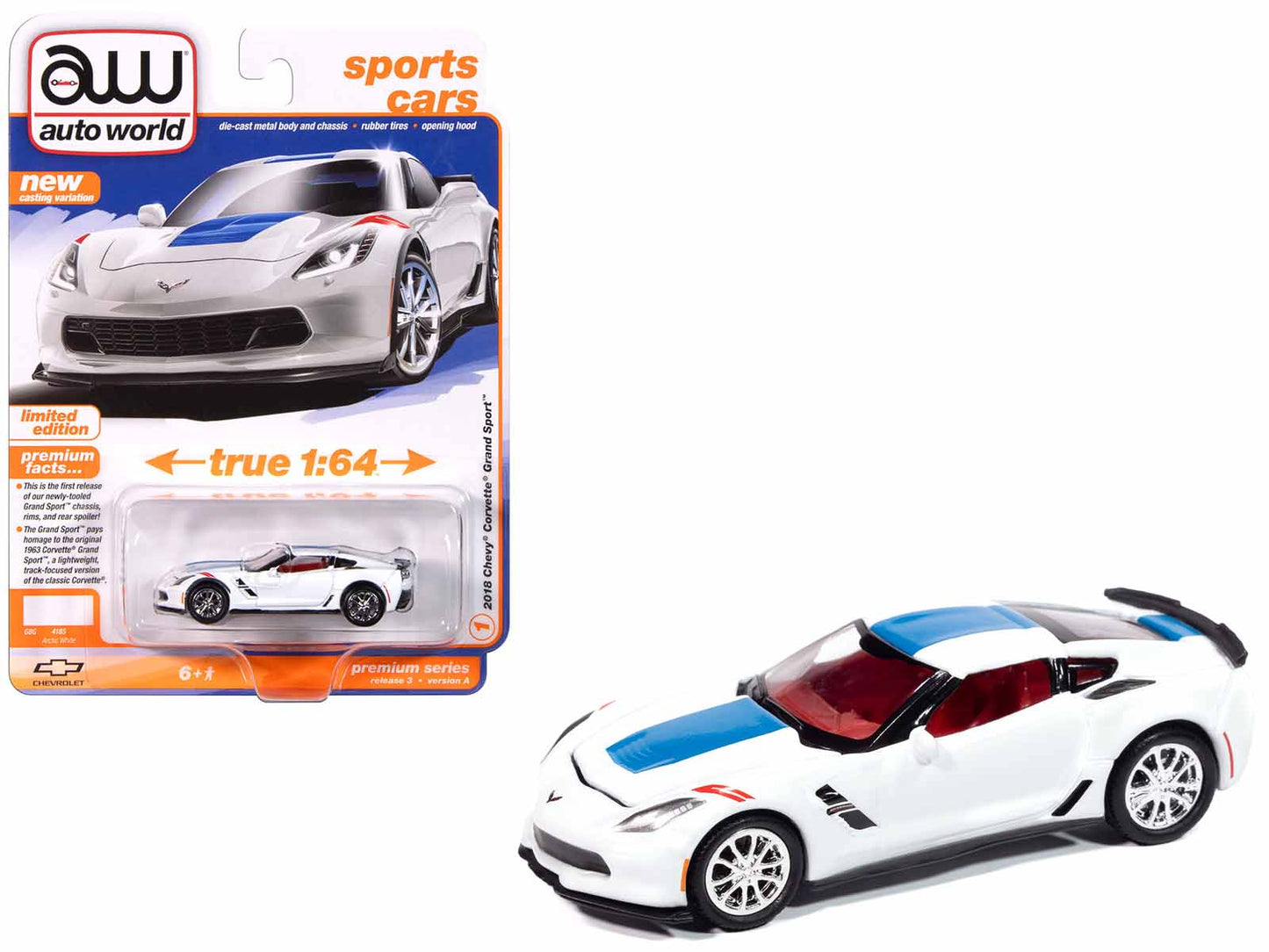 2018 Chevrolet Corvette Grand Sport Arctic White with Blue Stripe and Red Interior "Sports Cars" Series 1/64 Diecast Model Car by Auto World