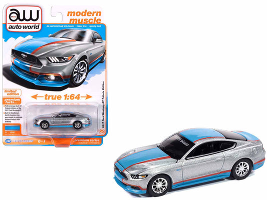 2017 Ford Mustang GT Tribute Edition "Petty's Garage" Ingot Silver Metallic with Petty Blue and Red Stripes "Modern Muscle" Series 1/64 Diecast Model Car by Auto World
