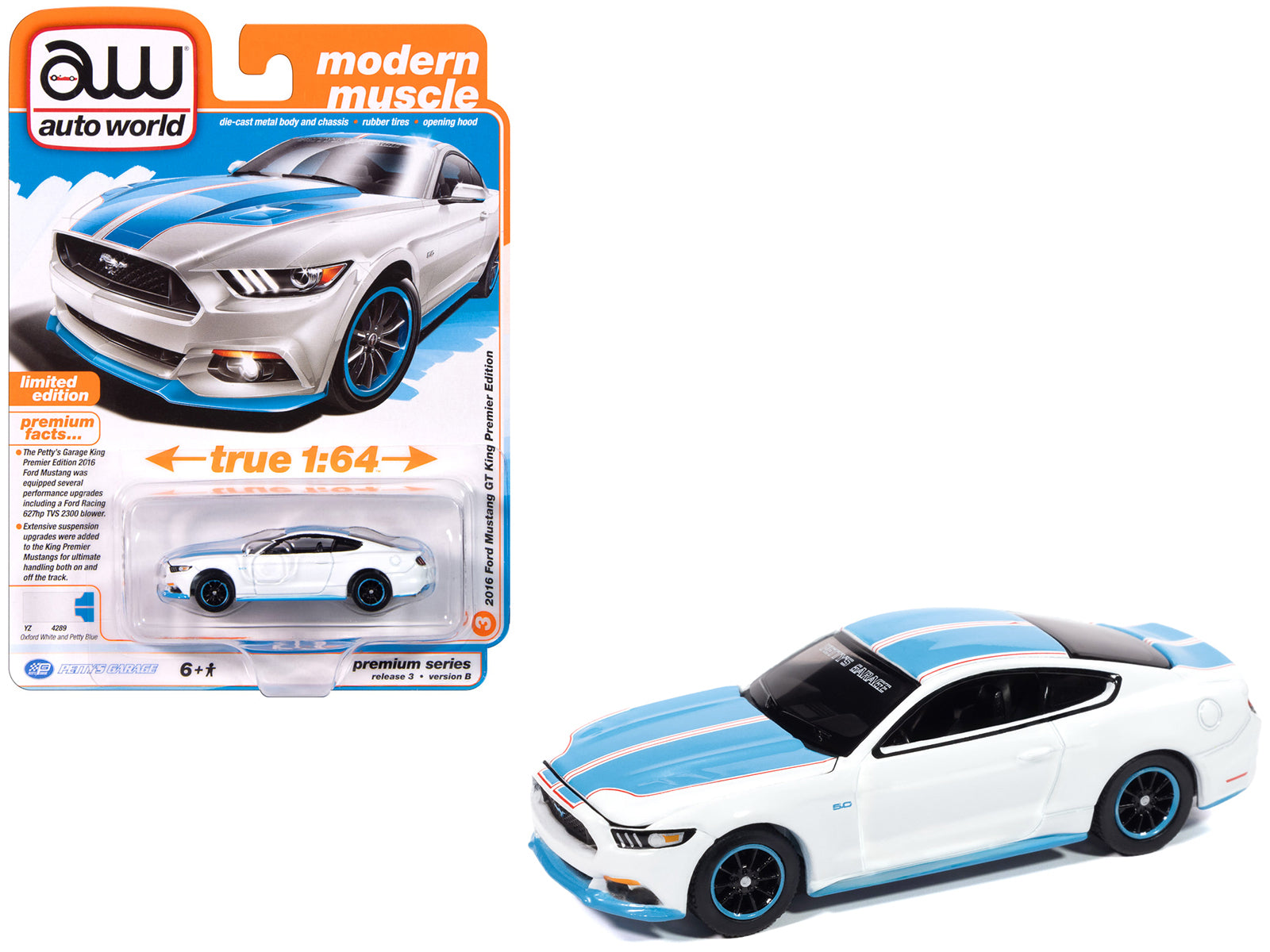 2016 Ford Mustang GT King Premier Edition "Petty's Garage" Oxford White with Petty Blue Stripes "Modern Muscle" Series 1/64 Diecast Model Car by Auto World free shipping USA