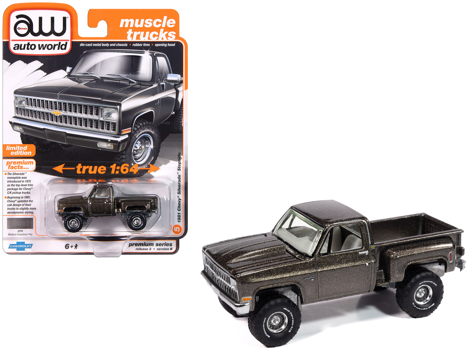 1981 Chevrolet Silverado Stepside Pickup Truck Graystone Metallic "Muscle Trucks" Series 1/64 Diecast Model Car by Auto World free shipping USA