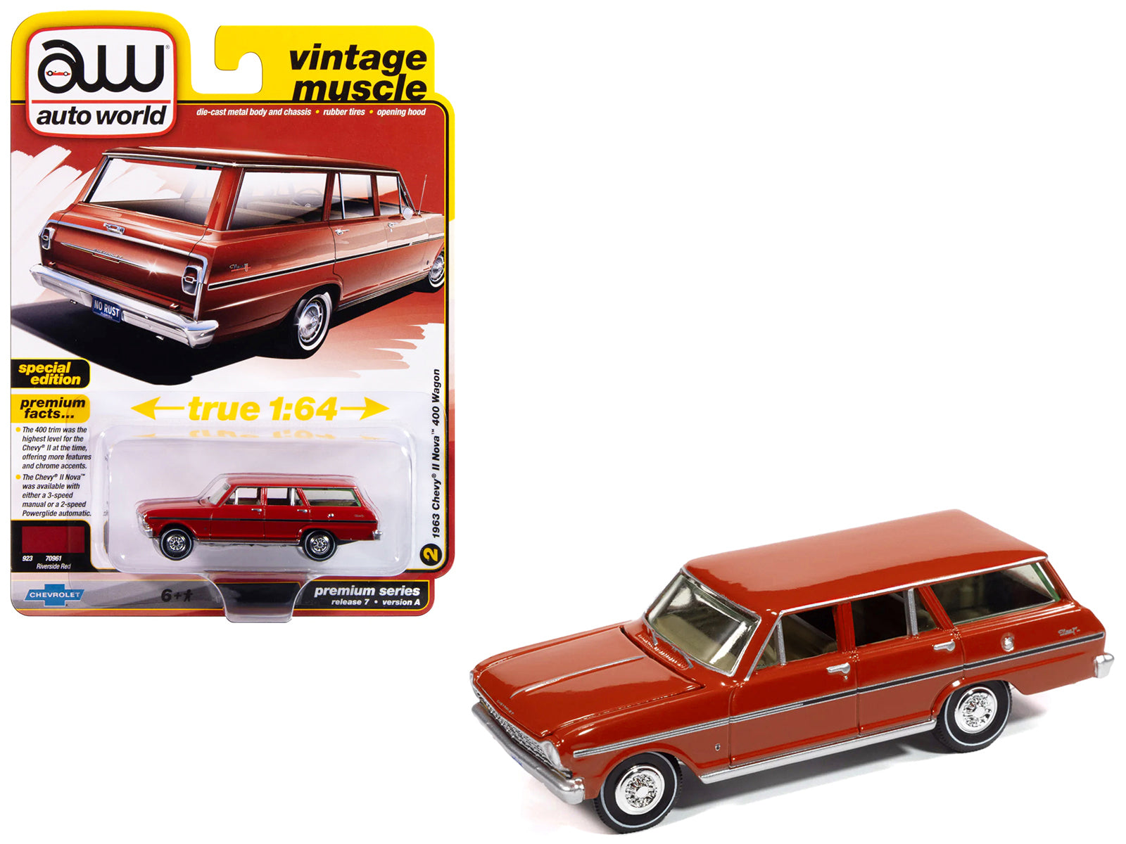 1963 Chevrolet II Nova 400 Wagon Riverside Red "Vintage Muscle" Series 1/64 Diecast Model Car by Auto World free shipping USA