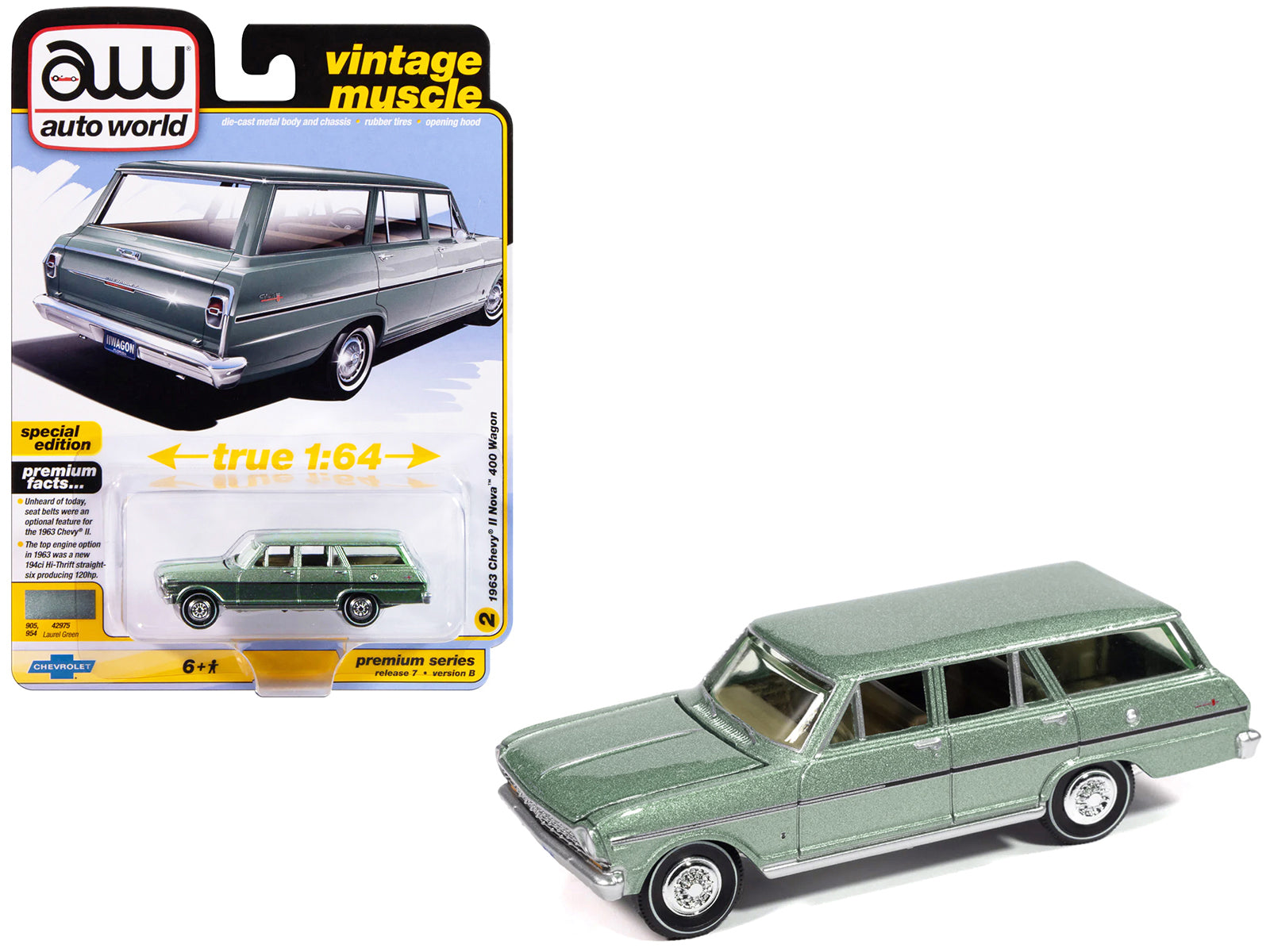 1963 Chevrolet II Nova 400 Wagon Laurel Green Metallic "Vintage Muscle" Series 1/64 Diecast Model Car by Auto World free shipping USA