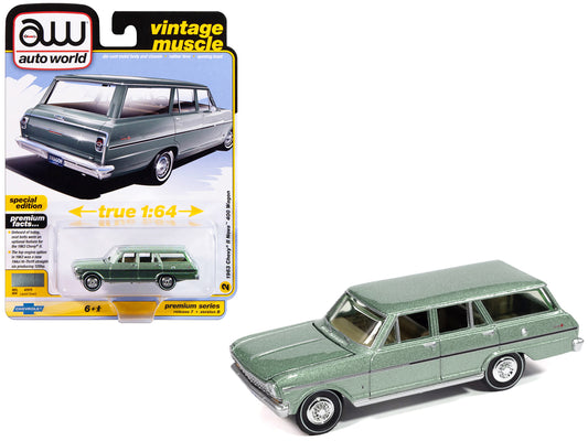 1963 Chevrolet II Nova 400 Wagon Laurel Green Metallic "Vintage Muscle" Series 1/64 Diecast Model Car by Auto World free shipping USA