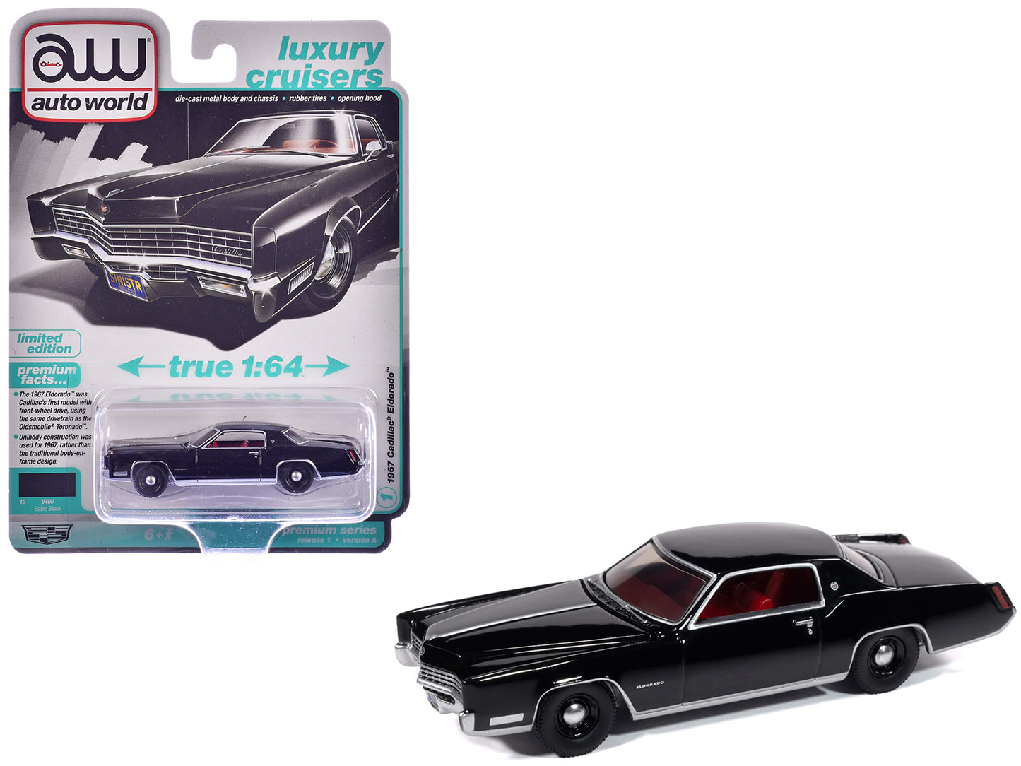 1967 Cadillac Eldorado Sable Black with Red Interior "Luxury Cruisers" Series 1/64 Diecast Model Car by Auto World