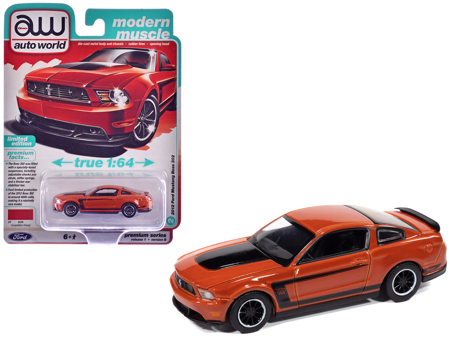 2012 Ford Mustang Boss 302 Competition Orange with Black Accents "Modern Muscle" Series 1/64 Diecast Model Car by Auto World