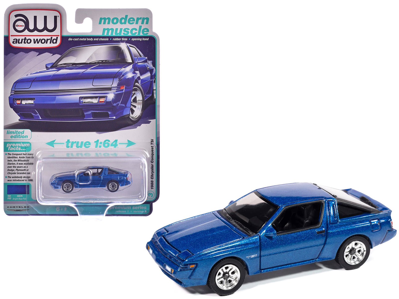 1988 Chrysler Conquest TSi Bright Blue Metallic "Modern Muscle" Series 1/64 Diecast Model Car by Auto World free shipping USA