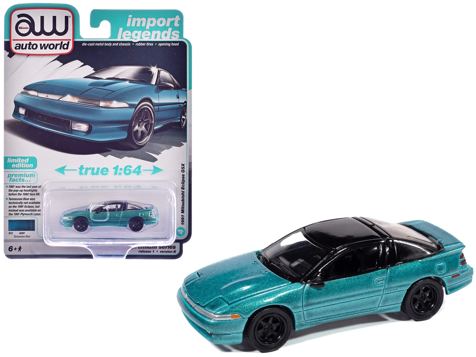 1991 Mitsubishi Eclipse GSX Tennessee Blue Metallic with Black Top "Import Legends" Series 1/64 Diecast Model Car by Auto World free shipping USA