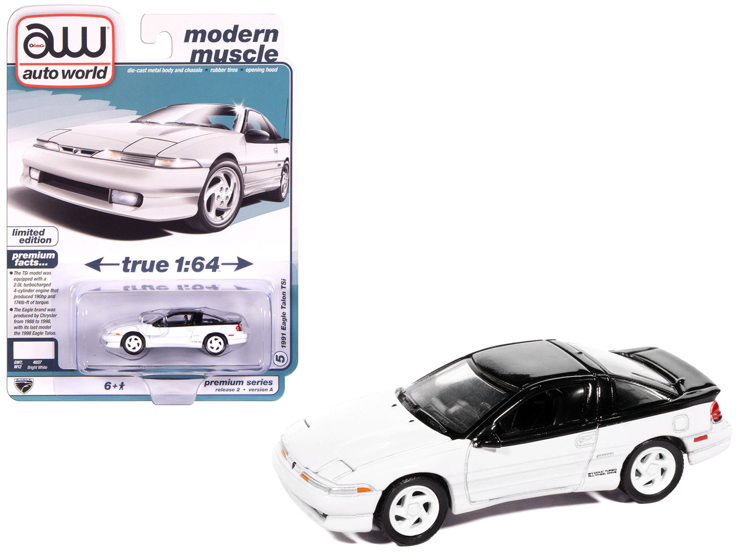 1991 Eagle Talon TSi Bright White with Black Top "Modern Muscle" Series 1/64 Diecast Model Car by Auto World - Use code SHOPAPP15 to get 15 percent off