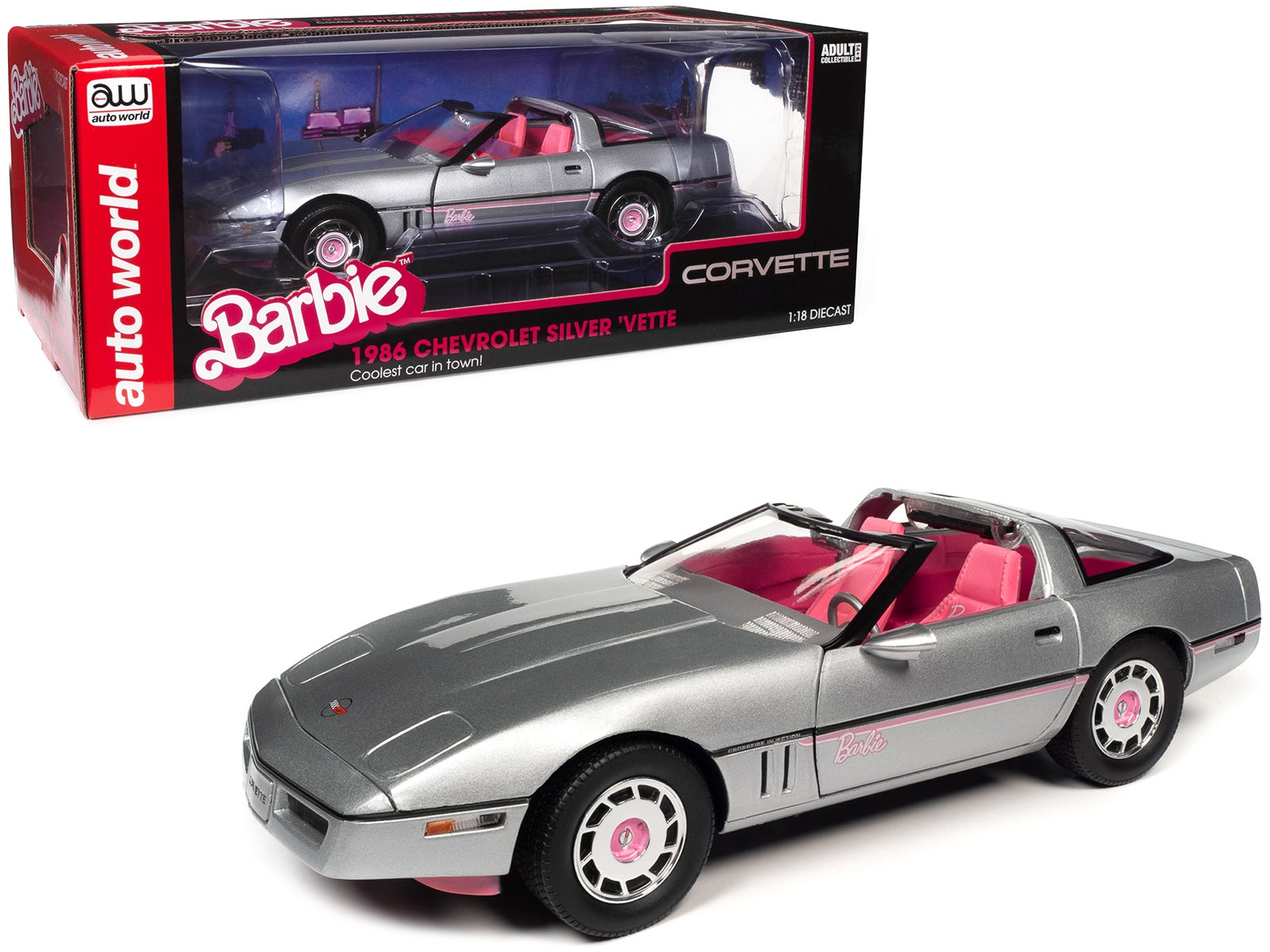 1986 Chevrolet Corvette Convertible Silver Metallic with Pink Interior "Barbie" "Silver Screen Machines" 1/18 Diecast Model Car by Auto World - Premium Corvette Models from Autoworld - Just $144.86! Shop now at Rapidvehicles