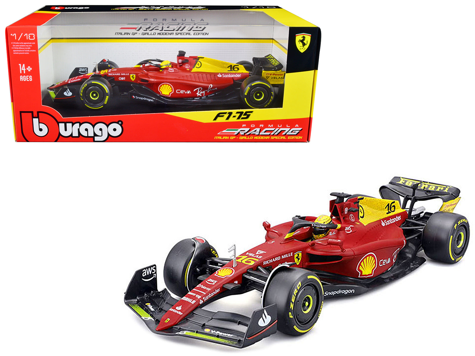 Ferrari F1-75 #16 Charles Leclerc "Giallo Modena" 2nd Place Formula One F1 Italian GP (2022) "Formula Racing" Series 1/18 Diecast Model Car by Bburago free shipping USA