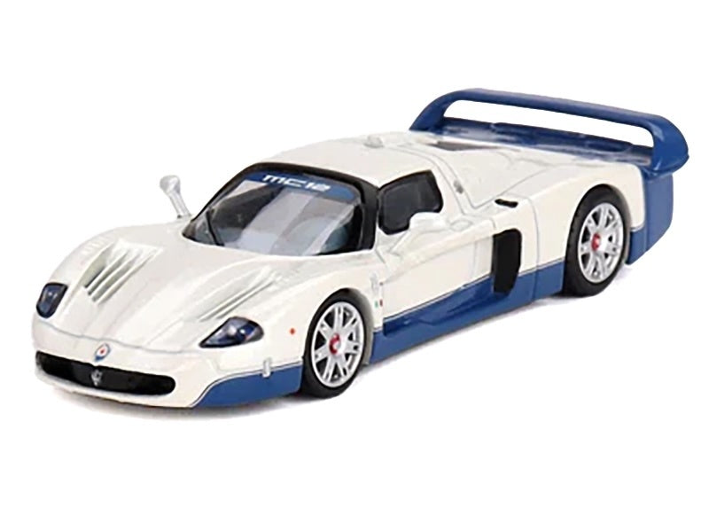 Maserati MC12 Stradale White with Blue Stripes 1/64 Diecast Model Car by BBR - Premium Maserati Models from BBR - Just $29.99! Shop now at Rapidvehicles