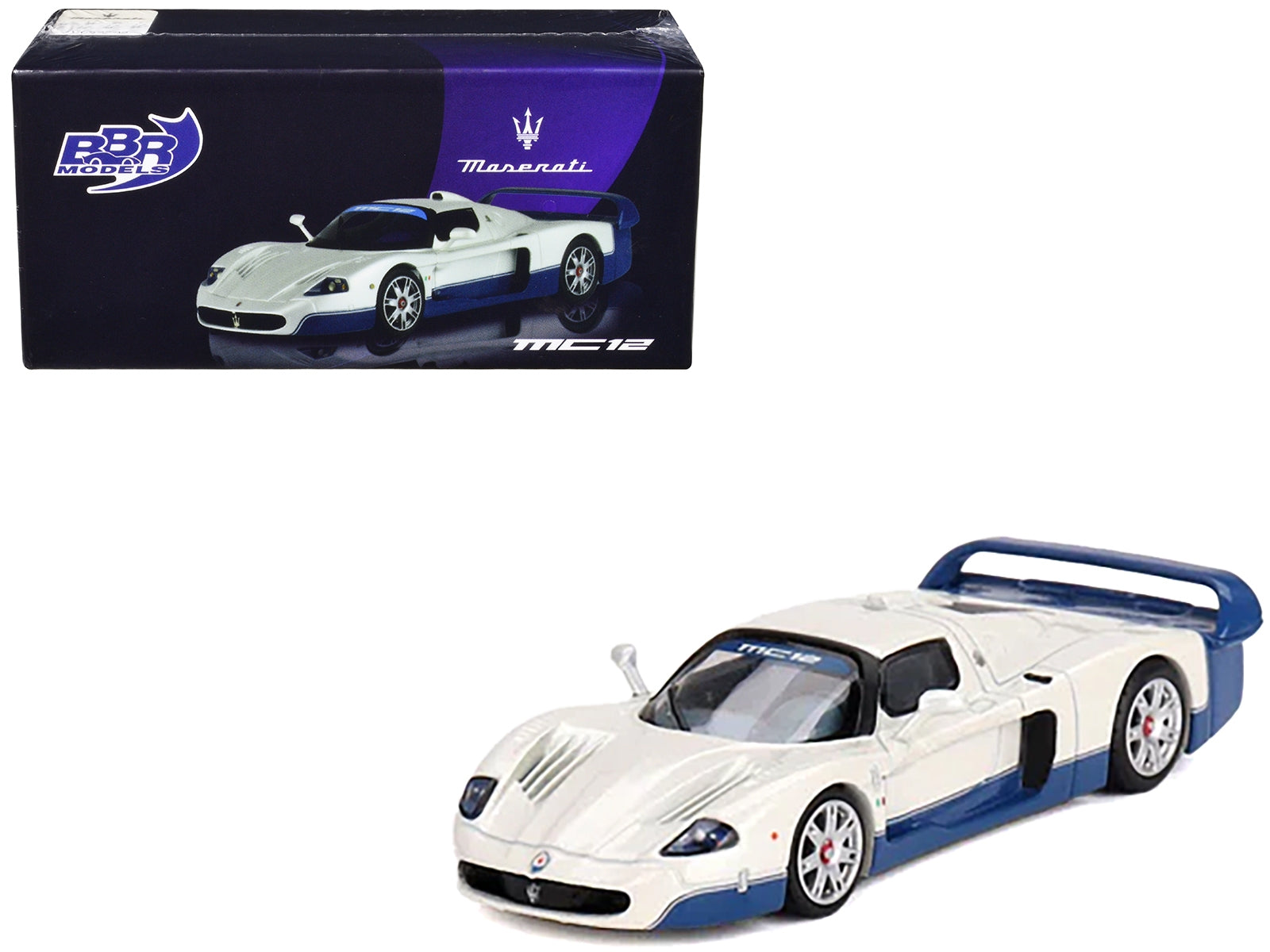 Maserati MC12 Stradale White with Blue Stripes 1/64 Diecast Model Car by BBR - Premium Maserati Models from BBR - Just $29.99! Shop now at Rapidvehicles