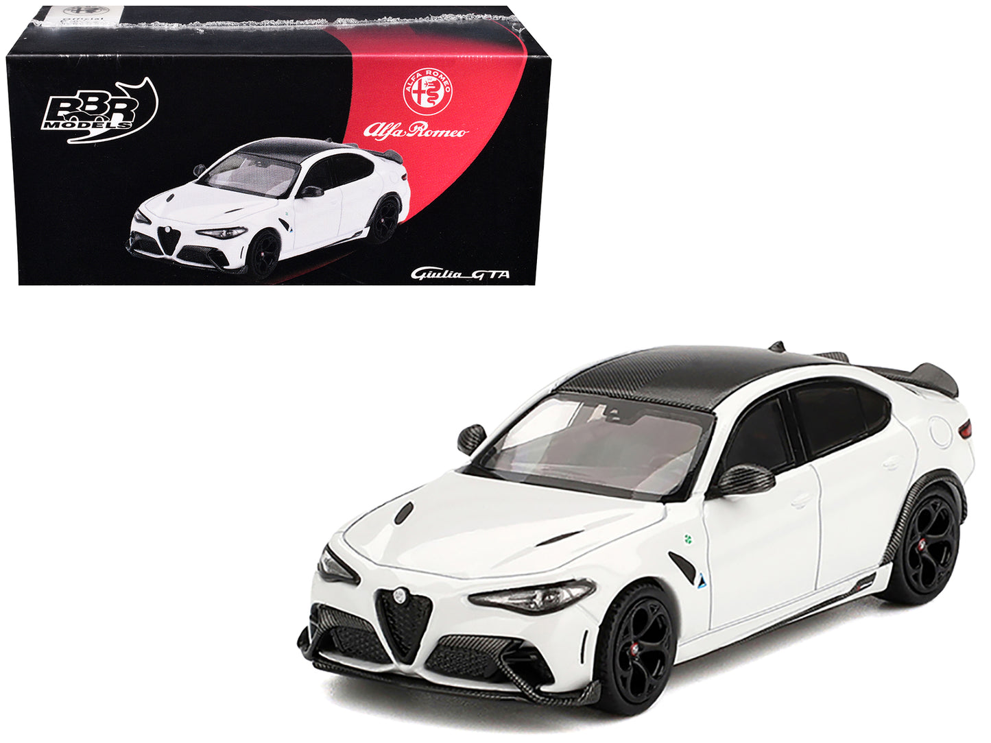 Alfa Romeo Giulia GTA White with Carbon Top 1/64 Diecast Model Car by BBR - Use code SHOPAPP15 to get 15 percent off