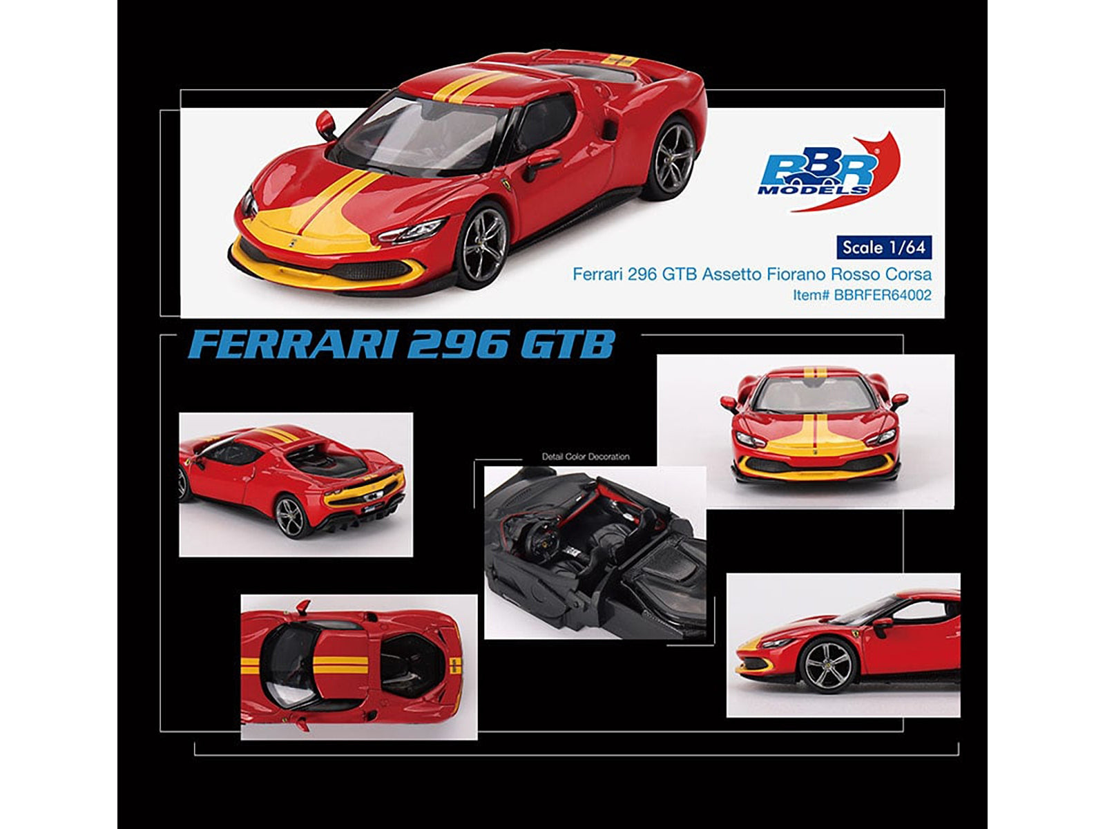 Ferrari 296 GTB Assetto Fiorano Rosso Corsa Red with Yellow Stripes 1/64 Diecast Model Car by BBR - Premium Ferrari Models from BBR - Just $50.91! Shop now at Rapidvehicles